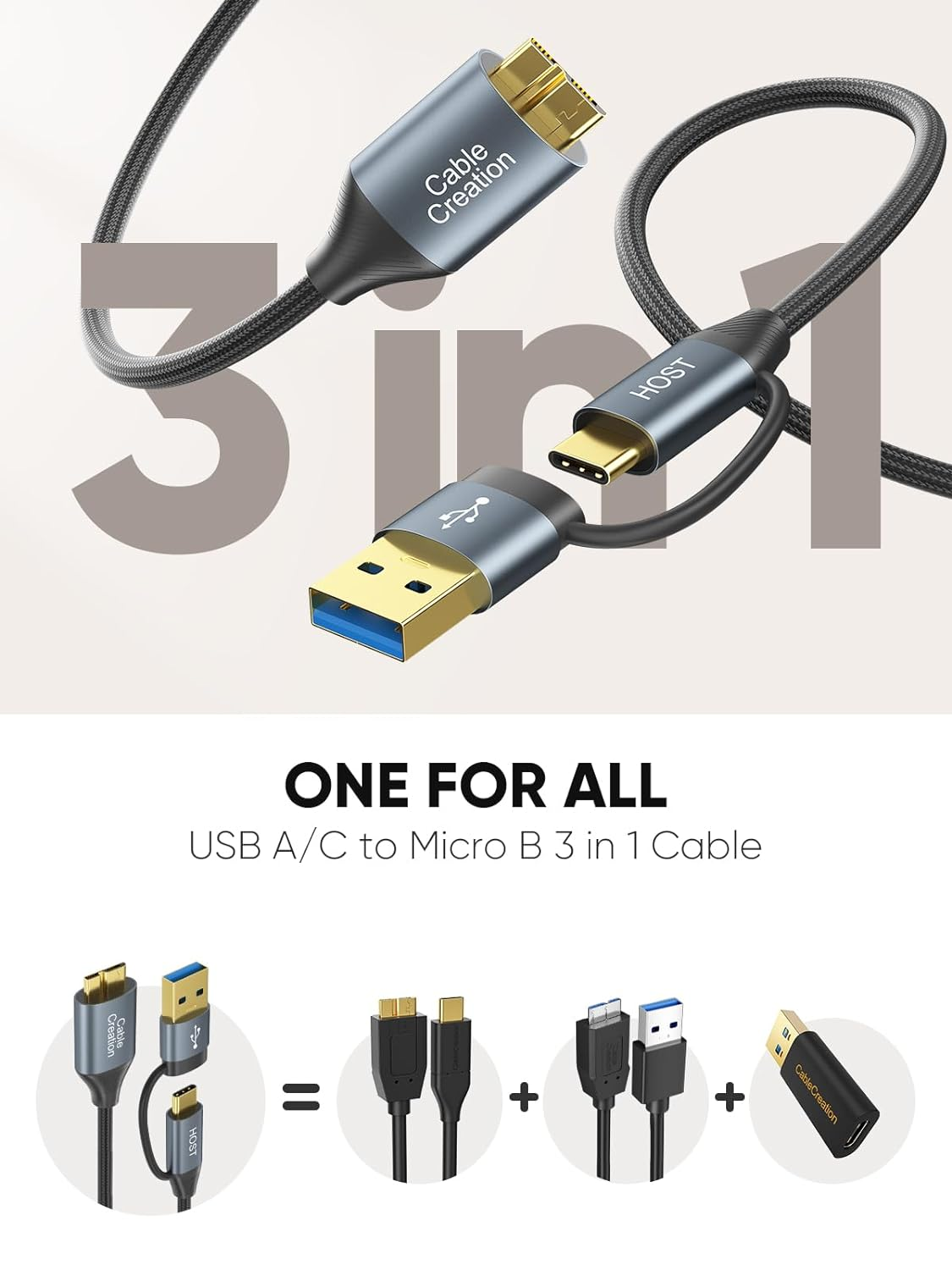 USB C Hard Drive Cable 3FT, Cablecreation 5Gbps USB A/C to Micro B Cable, 2 in 1 USB 3.0 Cable Compatible with WD, Toshiba, Samsung, Seagate External Hard Drive, and Camera, Grey,3Ft/0.9M image number 2