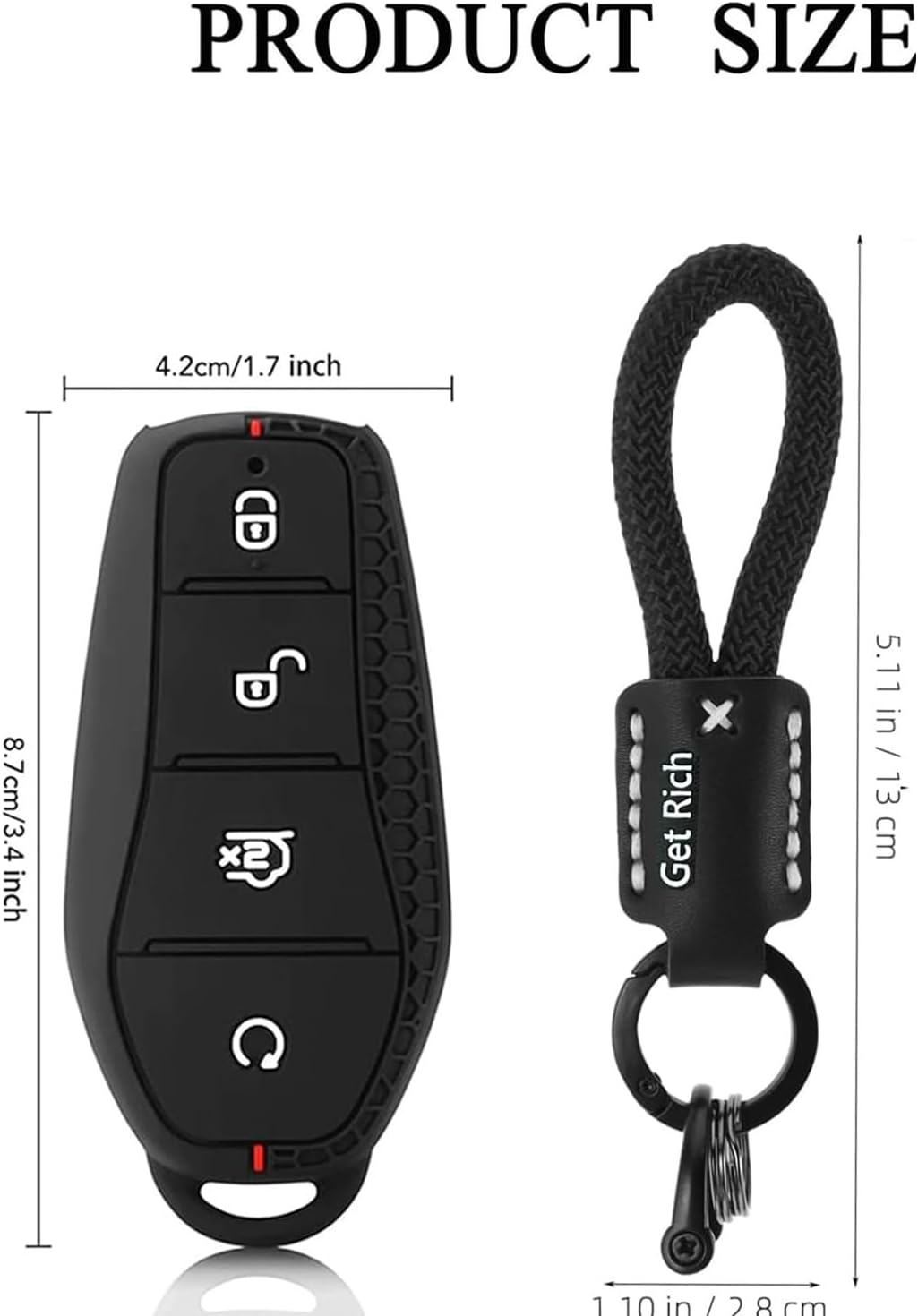 BYD Key Case, Honeycomb Texture Silicone Remote Control Key Cover with Metal Leather Lanyard for BYD ATTO 3/Dolphin/Seal/Sealion 6/Shark 6/Sealion 7 (Black)