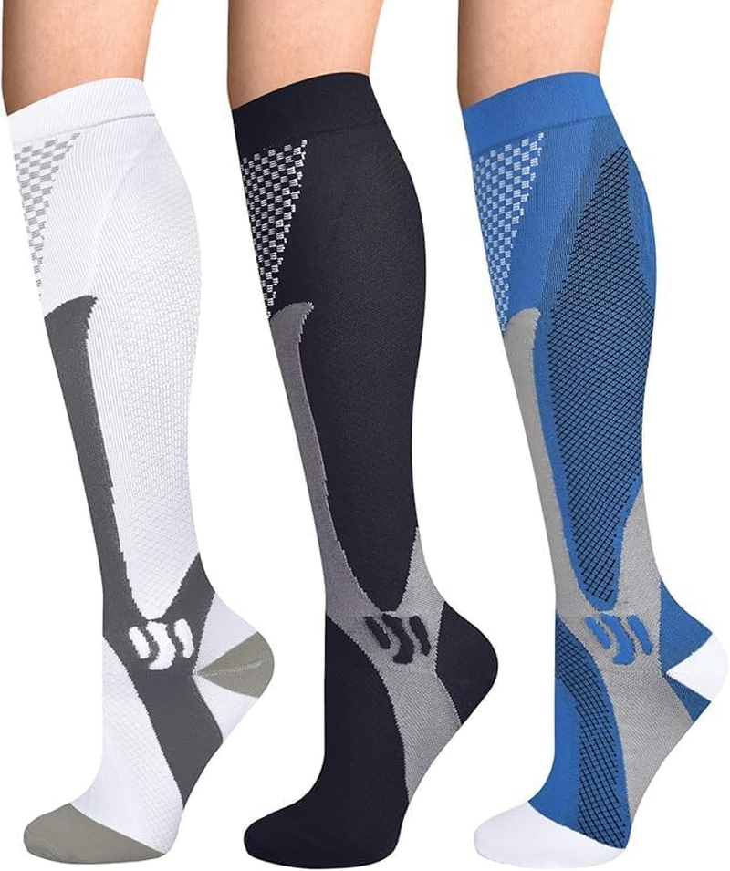 3 Pairs Compression Socks for Men Women, Knee-High Sport Support Sockings, Non-Slip Long Tube Socks, High Comfort Sockings for Sports, Running, Flight, Travel, Cycling