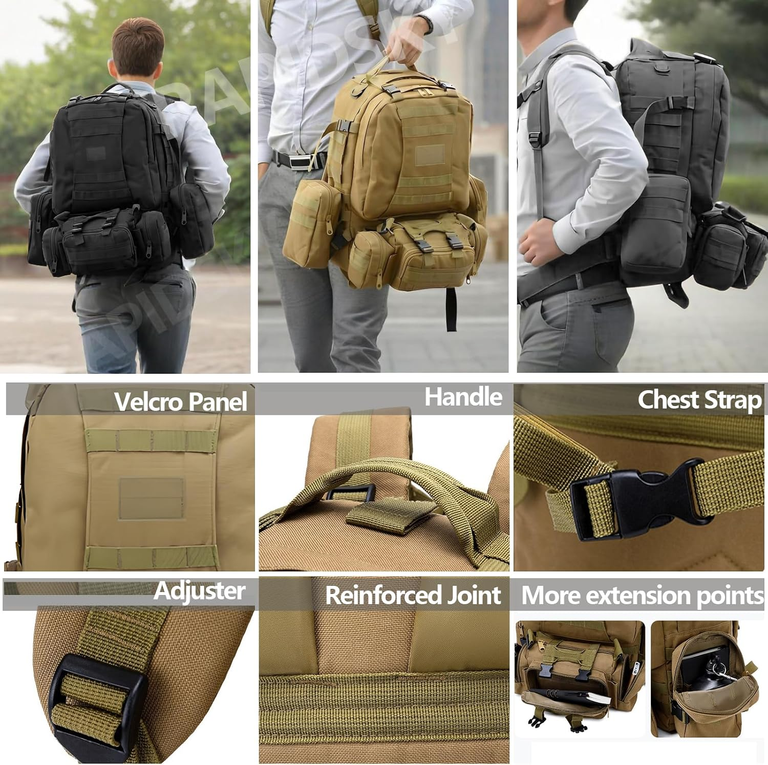 RAPIDSKY 55L Tactical Backpack, Expandable Pack &ndash; Water-Resistant Hiking Assault Pack with MOLLE System, 1-3 Day Storage Capacity for Cycling, Camping, Hunting & Outdoor Adventures - Camel image number 4