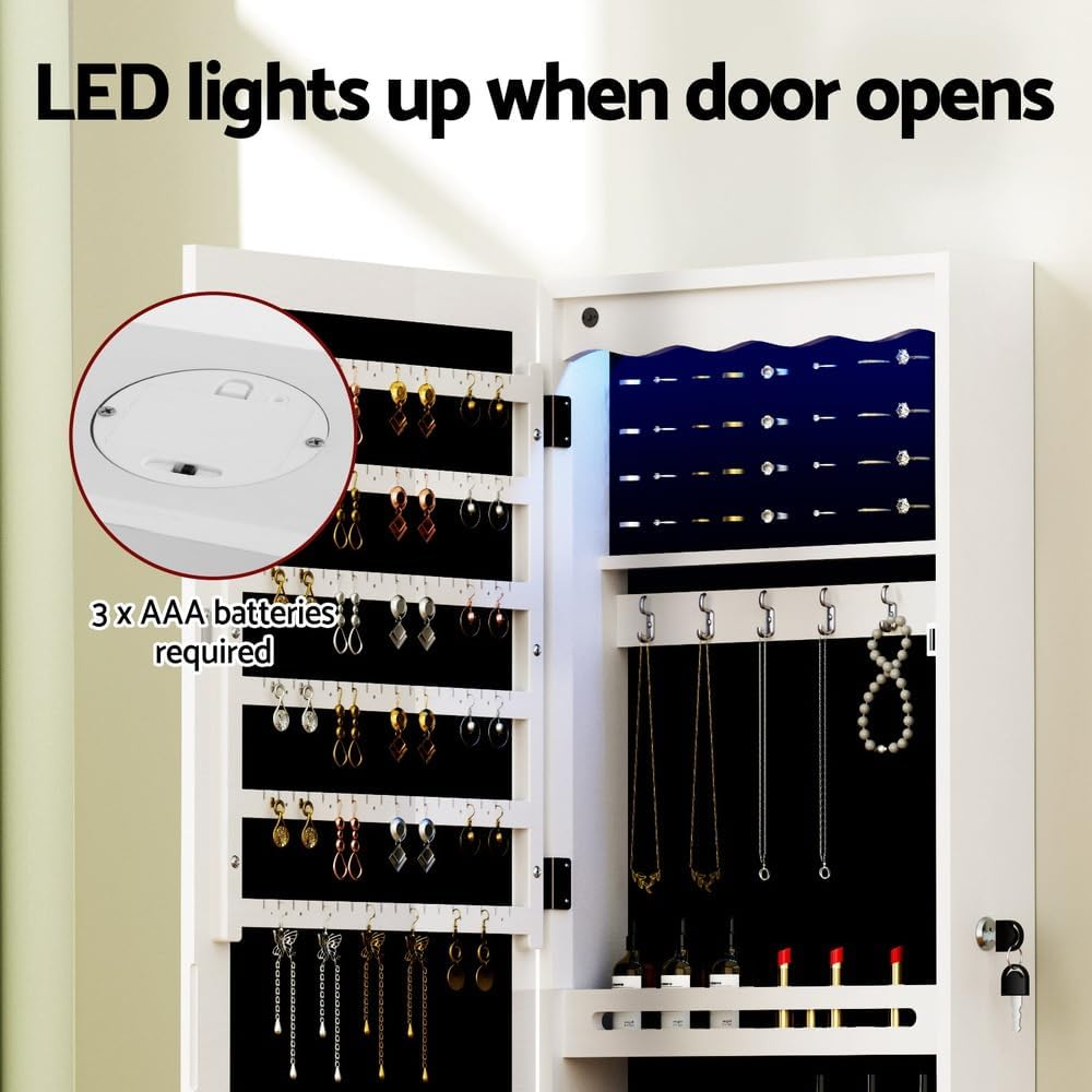 Artiss Jewellery Cabinet LED Mirror Lockable Organiser Box Makeup Wall Mount image number 2