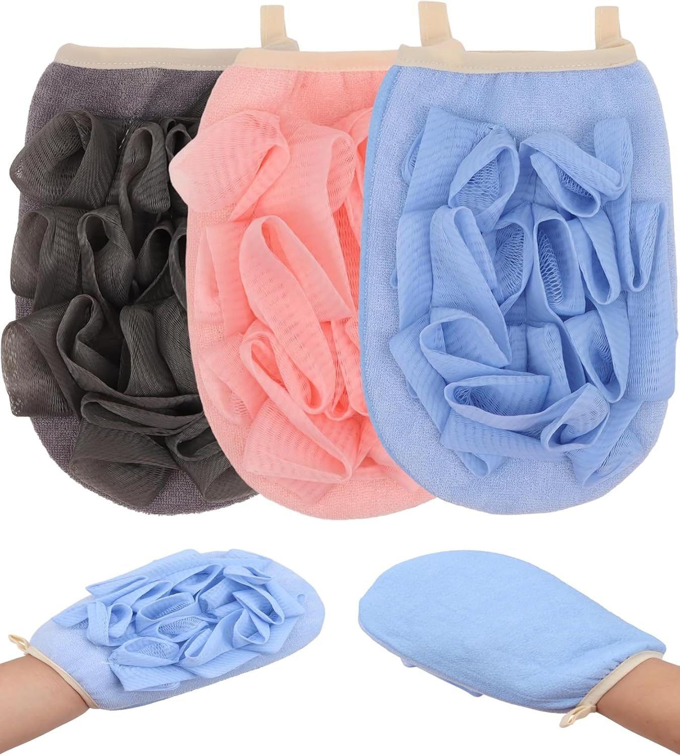 Exfoliating Glove Bath Loofah Body Sponge Brushes Loofah Bath Shower Glove with Flower Bath Ball Bath Shower Loofah Sponge for Women and Men 3 Pack