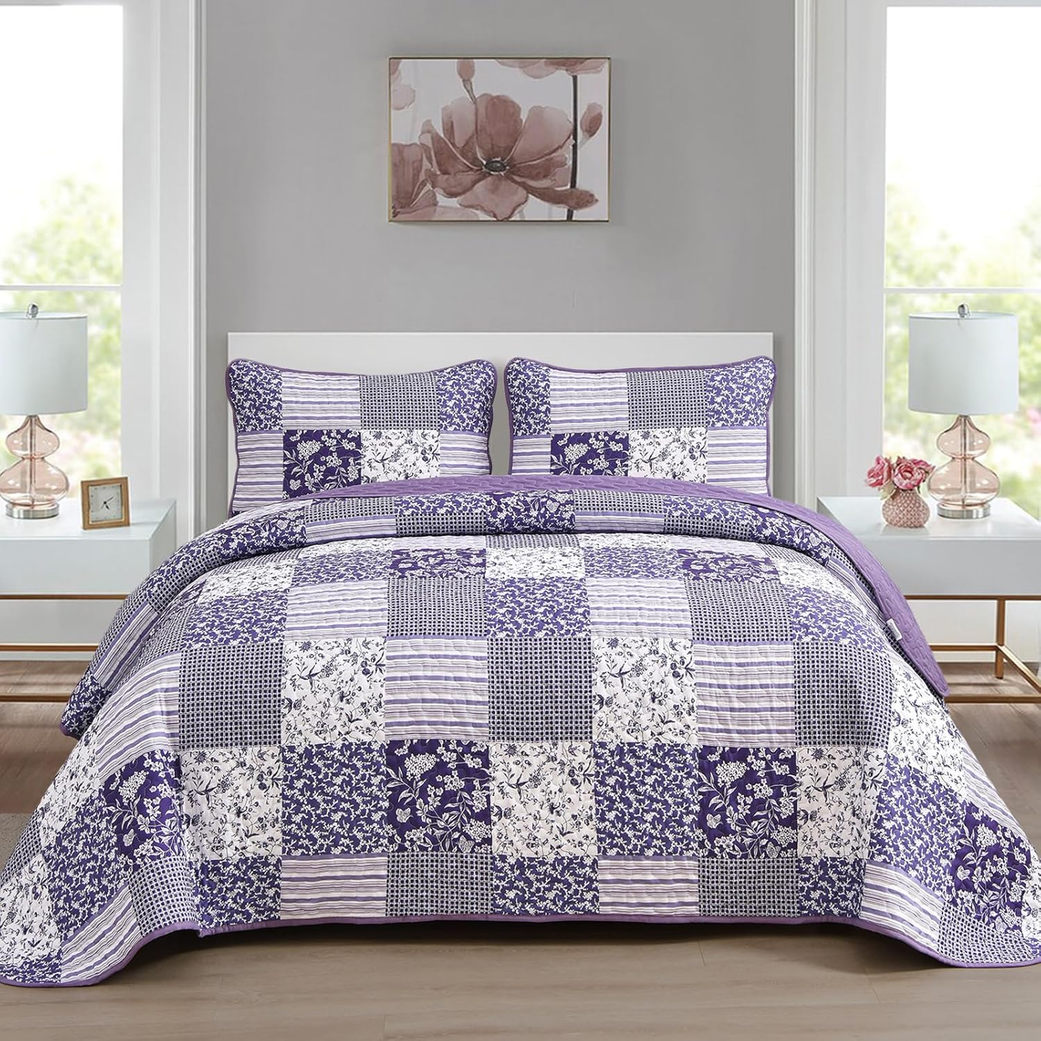3Pcs Soft Coverlet Bedspread Set Queen King Size Patchwork Quilted Bed Floral Microfiber Lightweight Bohemian Bedding Set for All Season (Purple, Queen) image number 3