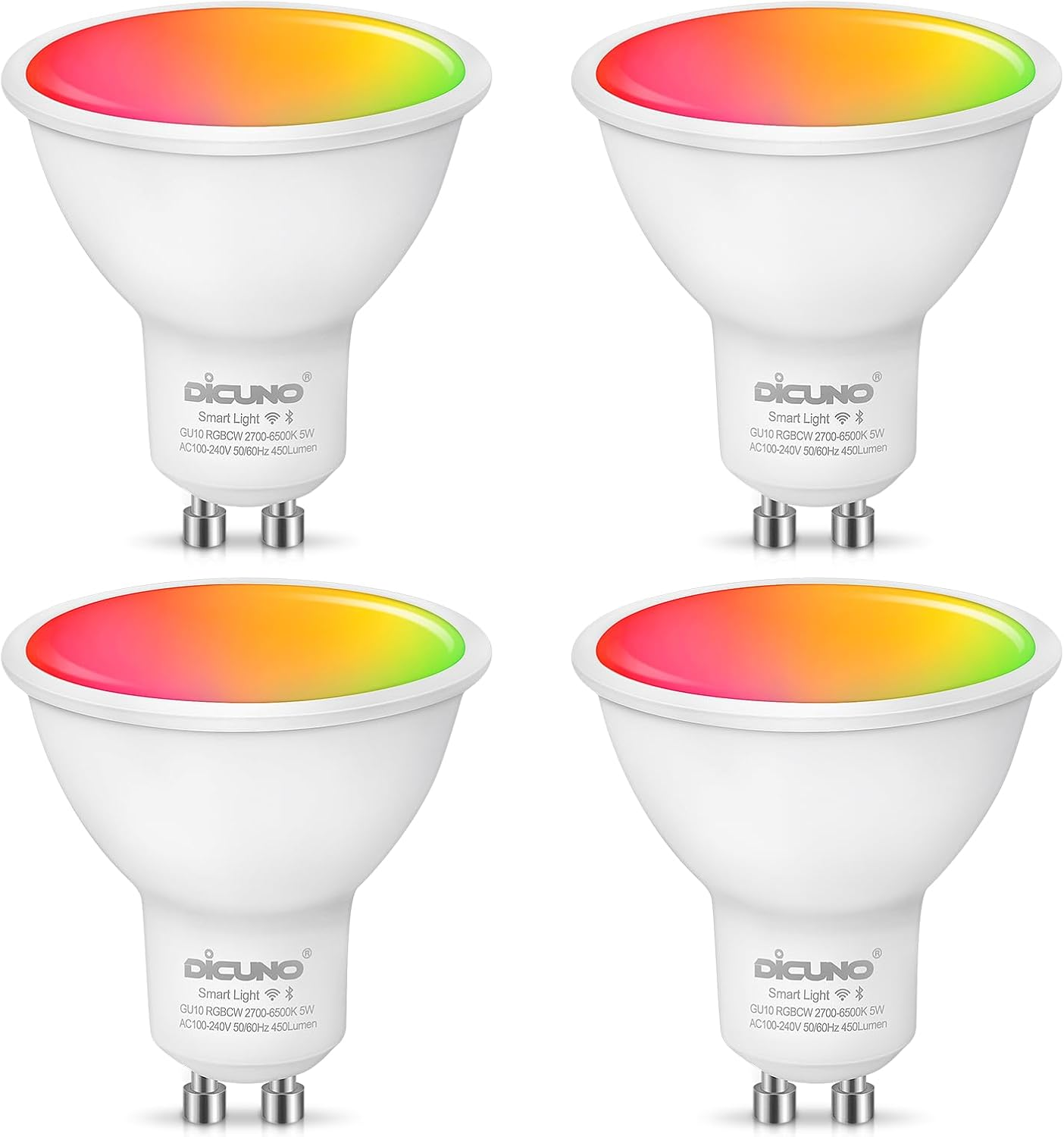 Dicuno GU10 Smart Bulbs, Wifi Light Bulbs, Works with Alexa and Google Home, Dimmable LED Spotlights, 5W = 50W, 450LM, 2700K-6500K, 110 Degree Beam Angle, 100-240V, No Hub Required, Pack of 4 image number 2