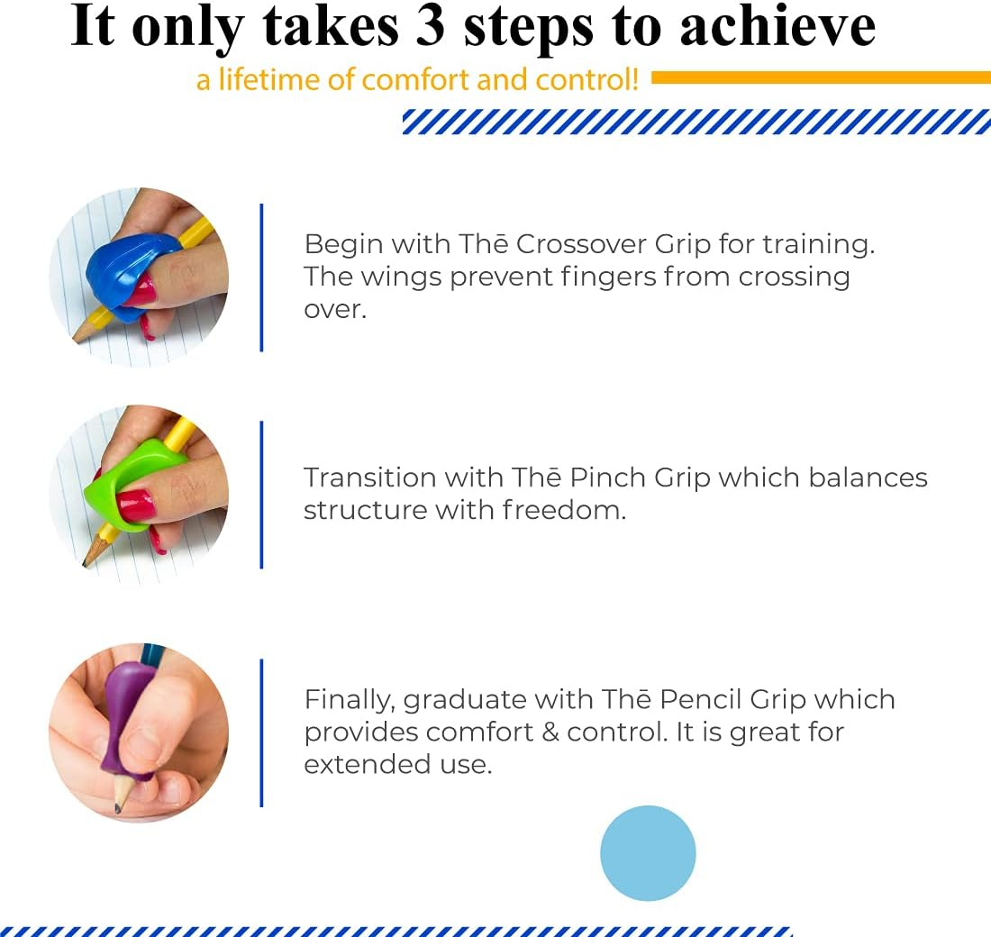 The Pencil Grip 3-Step Training Kit with 3 Premium Ergonomic Pencil Grips, Crossover Grip, Pinch Grip, Pencil Grip (MXG-003)