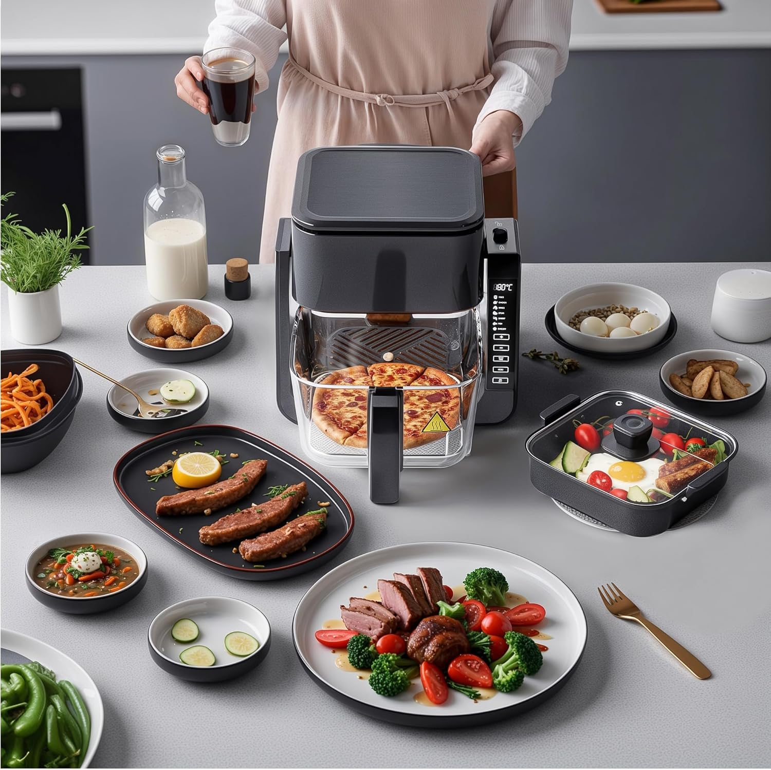 Advwin Multi-Function Air Fryer BBQ, Dual Zone Air Fryer & Top Grill, 7-In-1 Electric Cooker with Touch Screen, 4L Oil-Free Oven for Frying, Baking, Grilling, Roasting | Top Grill & Bottom Fryer image number 3
