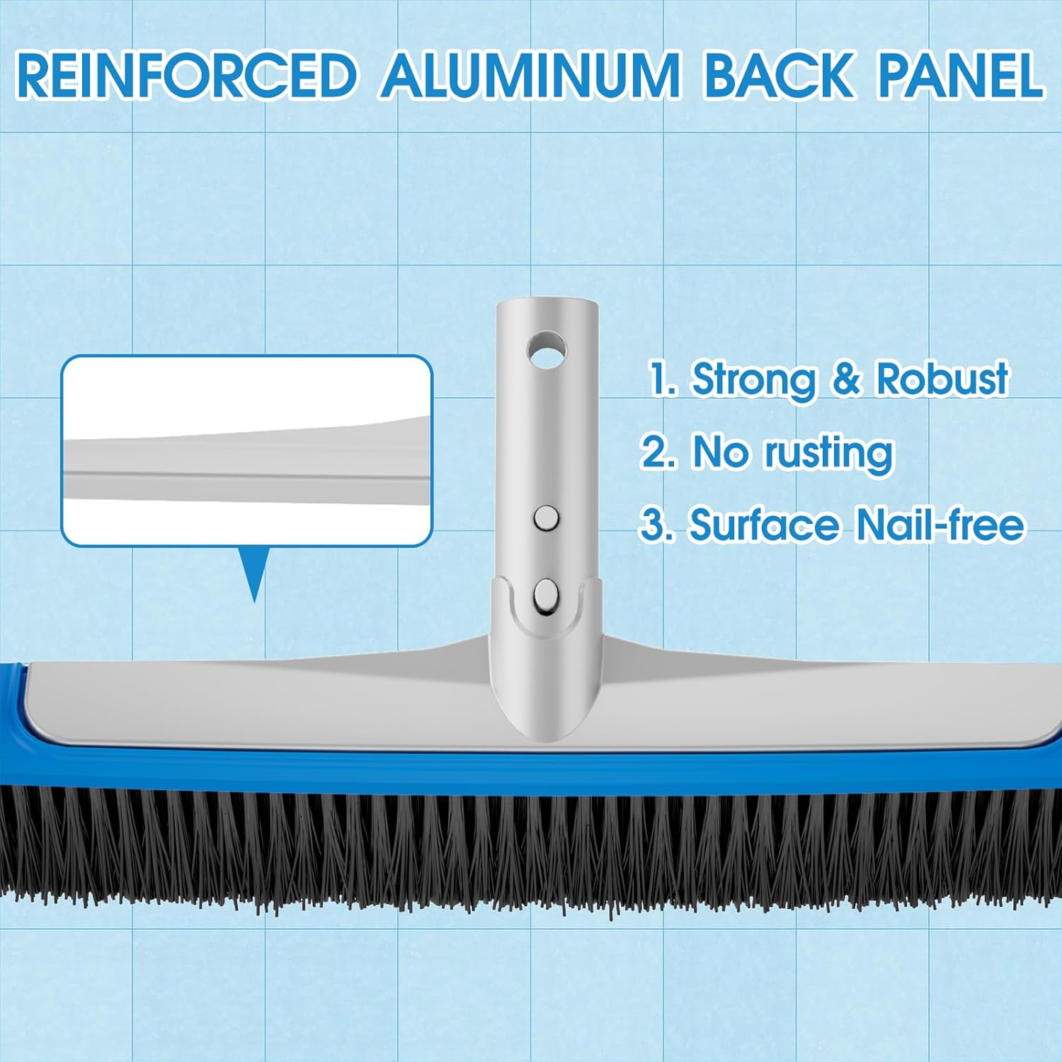 Tidymister Pool Brush 17.5'' Heavy Duty Swimming Pool Brushes for Cleaning Pool Walls & Tiles & Floors & Corners Scrub Brush Head Reinforced Aluminum Back (Pole Not Included) - Blue image number 1