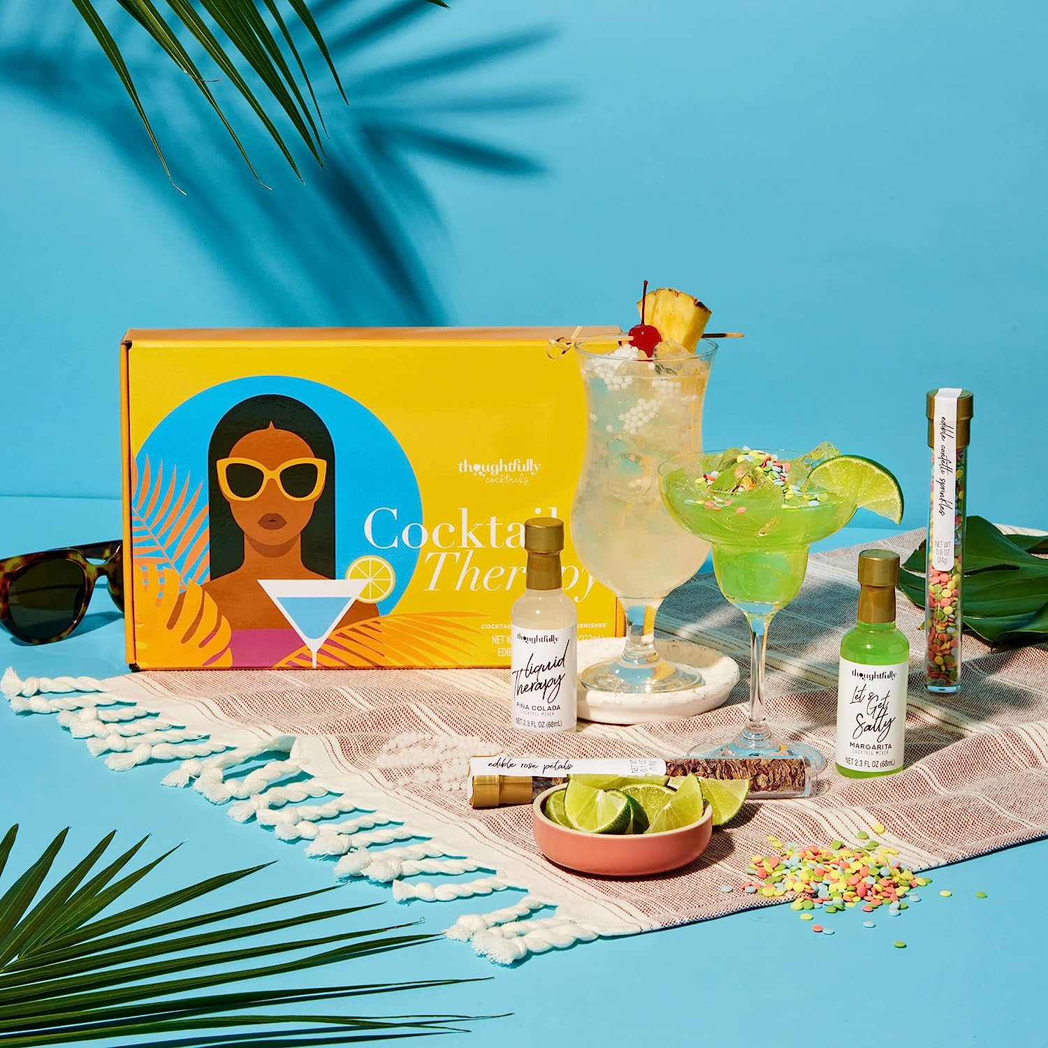 Thoughtfully Cocktails, Cocktail Therapy Mixer Gift Set, Includes Cosmo, Margarita, Mojito, and Pina Colada Flavoured Cocktail Mixers and Edible Pearl, Rose Petal and Confetti Garnishes, Set of 7 image number 1