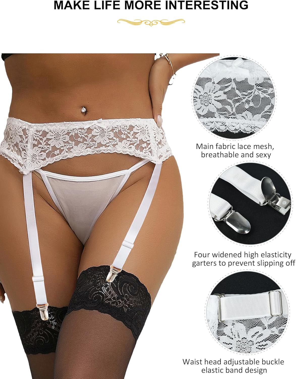 Lace plus Size Garter Belt for Women Floral Black Sexy Lingerie Suspenders Panties with 4 Metal Clips for Stocking image number 5