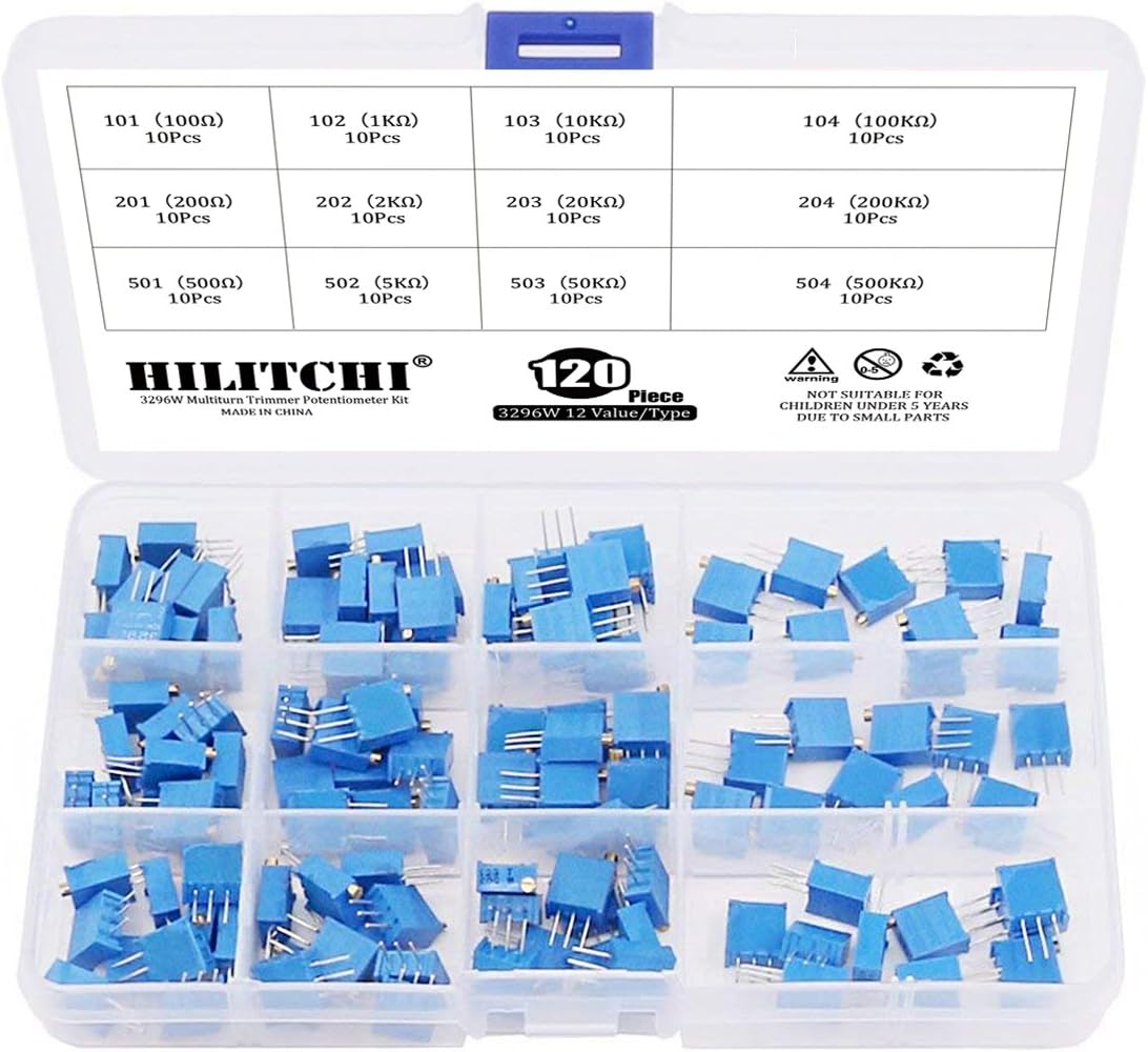 Hilitchi 120-Pcs [100 to 500K] Ohm 3296W Multiturn Trimmer Potentiometer Assortment Kit - [12 Value]