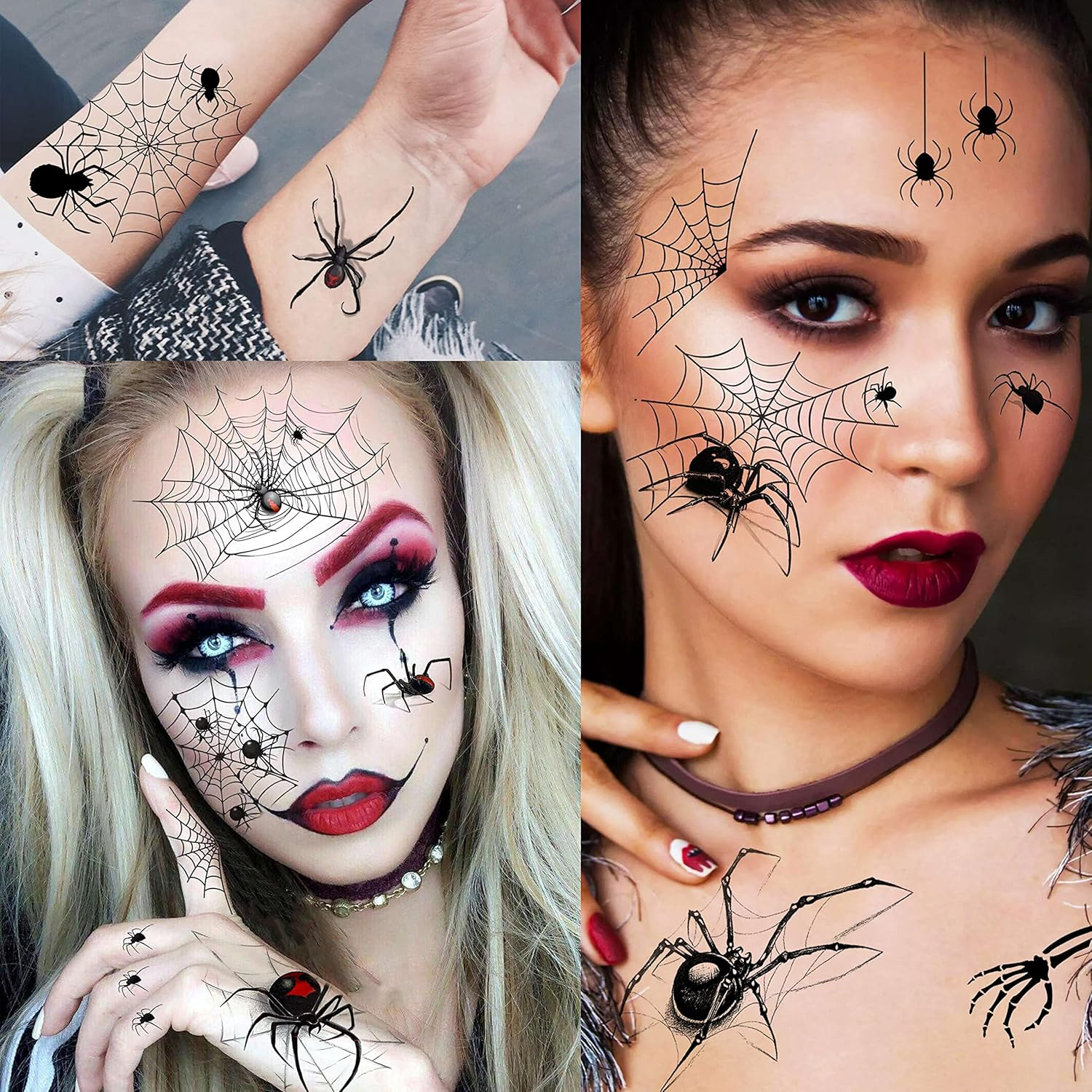 COKTAK 8 Sheets Large 3D Spider Web Temporary Tattoos Halloween Makeup Kit for Women Adults Realistic Witch Bat Zombie Fake Face Tattoos Sticker for Kids Men Adults Scary Halloween Decals Spiderweb image number 1