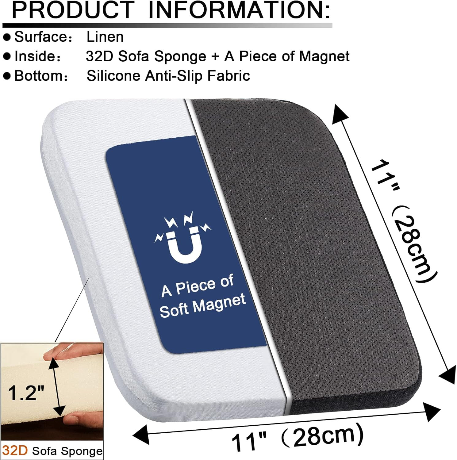 BUYUE Natural Linen Magnetic Bar Stool Cushions Set of 4, Enhanced Anti-Slip Breathable Small Chair Seat Pads for Caf&eacute; Bistro Stackable Metal Stools (Square, Black, 4 Counts) image number 2