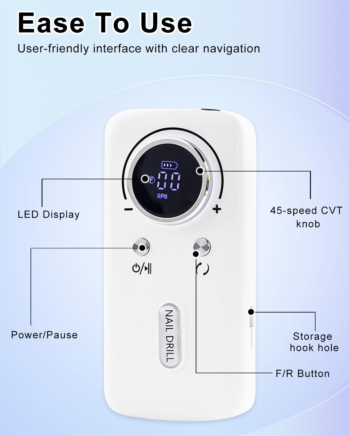Cordless Nail Drill Professional: 45000 RPM Rechargeable Electric Nail File Kit, Portable & Low Noise for Acrylic, Gel Nails, Manicure & Pedicure - Salon & Home Use