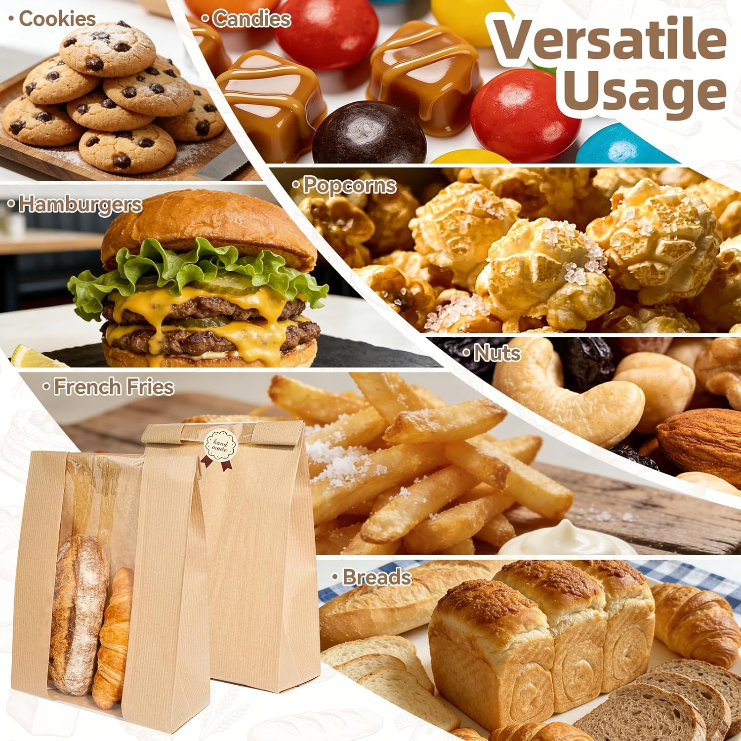 60 Pcs Paper Bread Loaf Bag Kraft Food Packaging Storage Bakery Toast Bag with Front Window, Label Seal Sticker Included (Style-1) image number 2