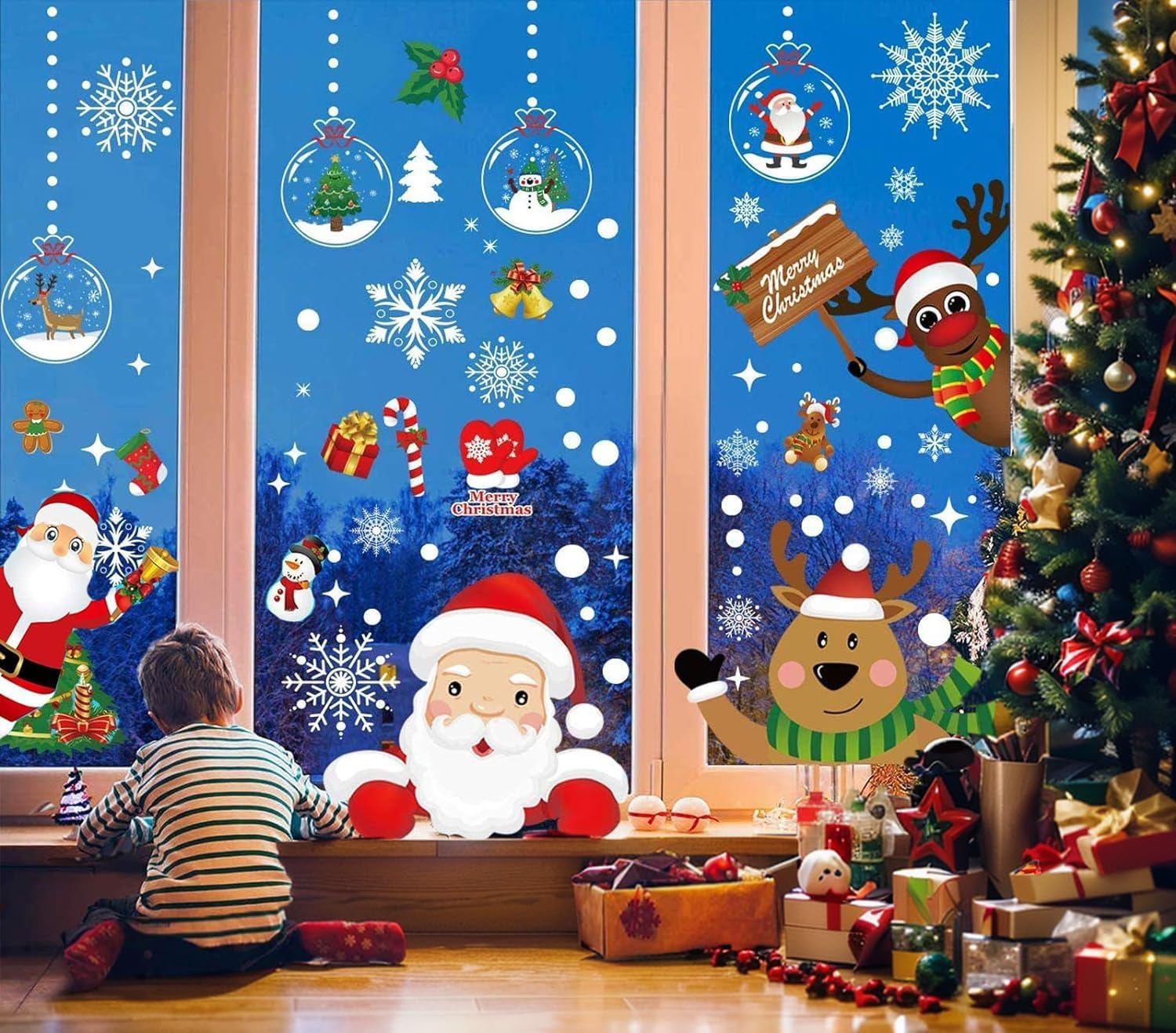 Christmas Window Clings, T Tersely 8 Sheets Stickers, Snowflake Snowman Santa Reindeer Window Stickers,Removable Static Window Stickers, for Christmas Window Decoration image number 1