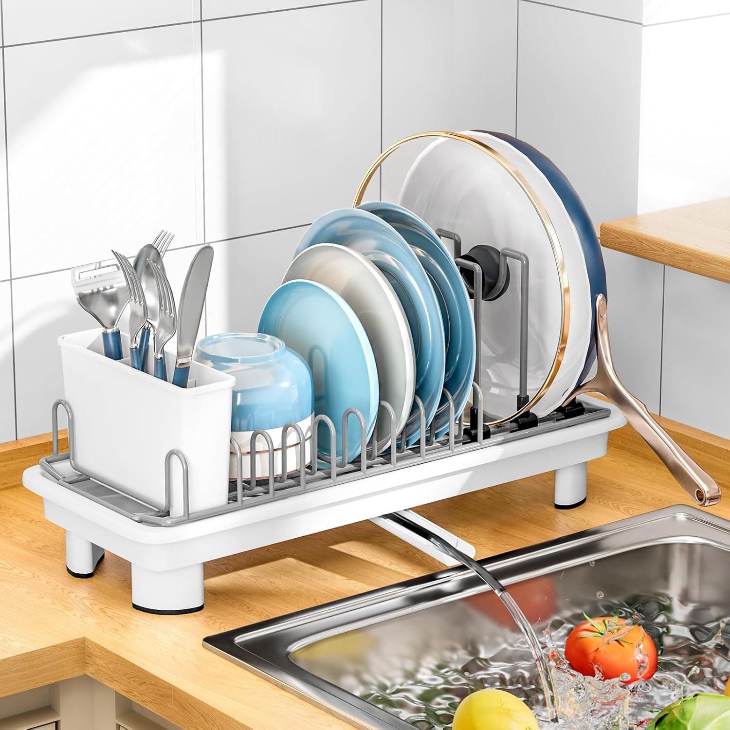 Sandream Small Dish Drying Rack, Compact Dish Rack for Kitchen Counter with Removable Cutlery Holder, 360&deg;Rotating Spout, Multifunctional Stainless Steel Dish Drainer, Space Saving