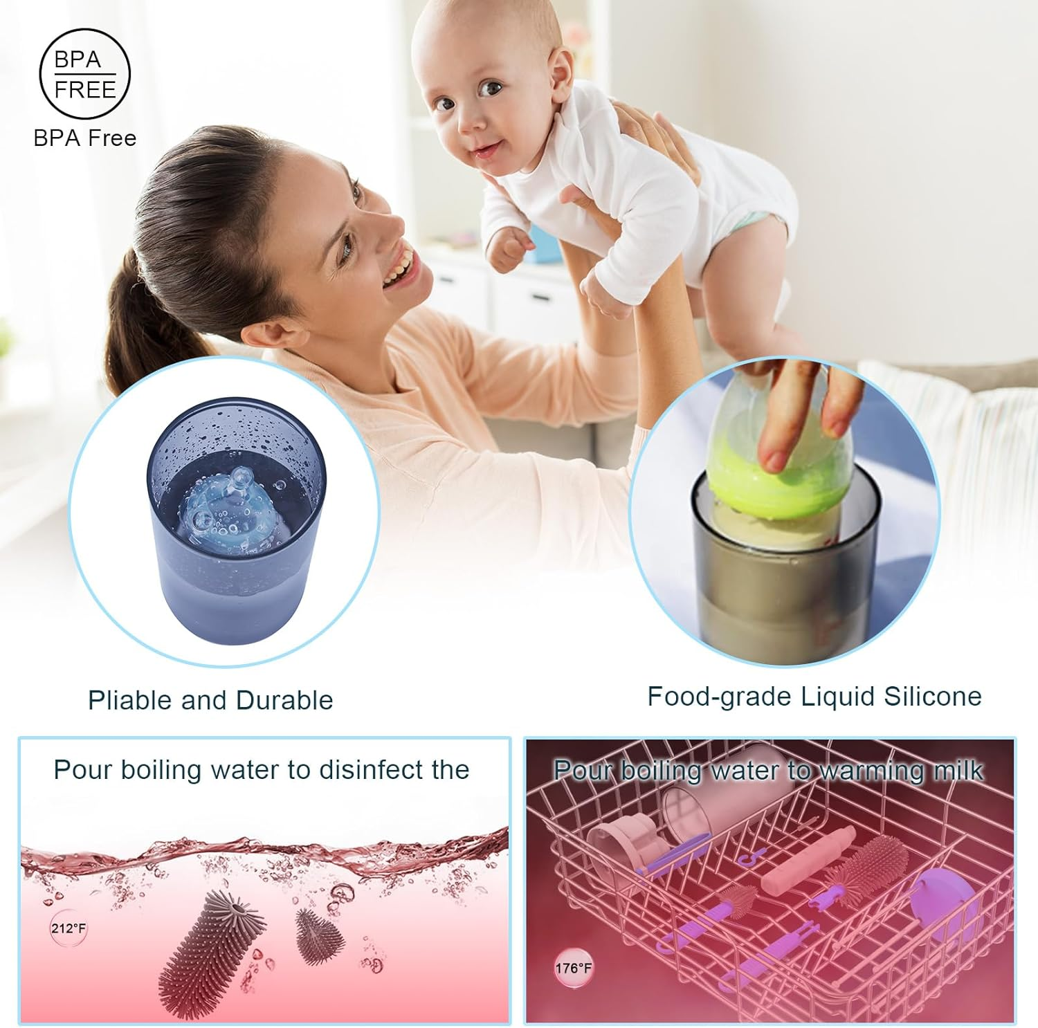 Travel Bottle Cleaner Kit, Baby Bottle Brush Set with Extendable Liquid Silicone Brush, Nipple Brush, Straw Brush, Drying Rack, Bottle Soap Dispenser, Baby Bottle Scrubber Brush for New Mom - Blue image number 6