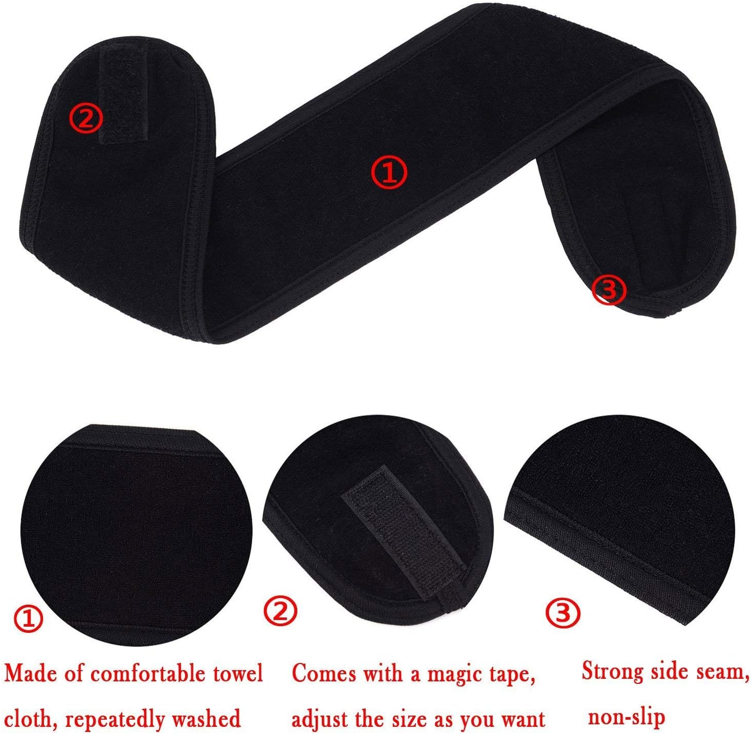Onwon 2 Pack Facial Spa Headband with Magic Tape - Head Wrap Terry Cloth Headband Stretch Towel Headband for Bath, Makeup, Yoga and Sport, Black image number 5