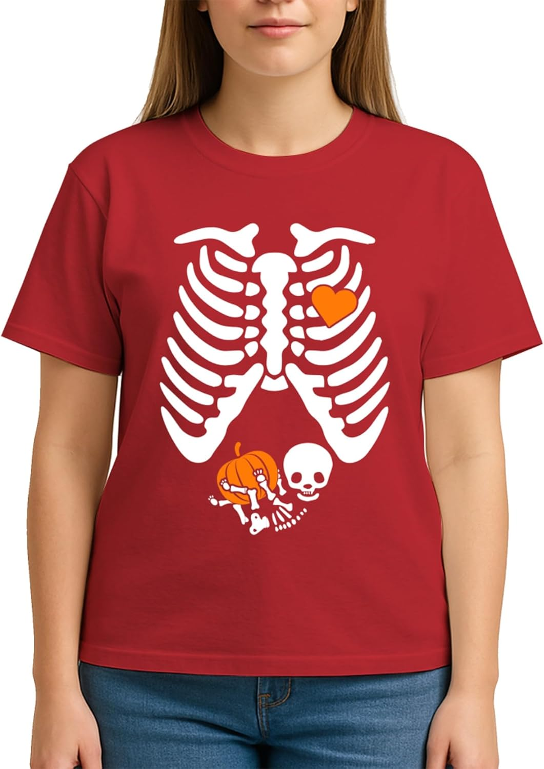 Maternity Skeleton Baby Pumpkin Heart Halloween Pregnancy Announcement T-Shirt for Adults Crew Neck Short Sleeve Tee Shirt