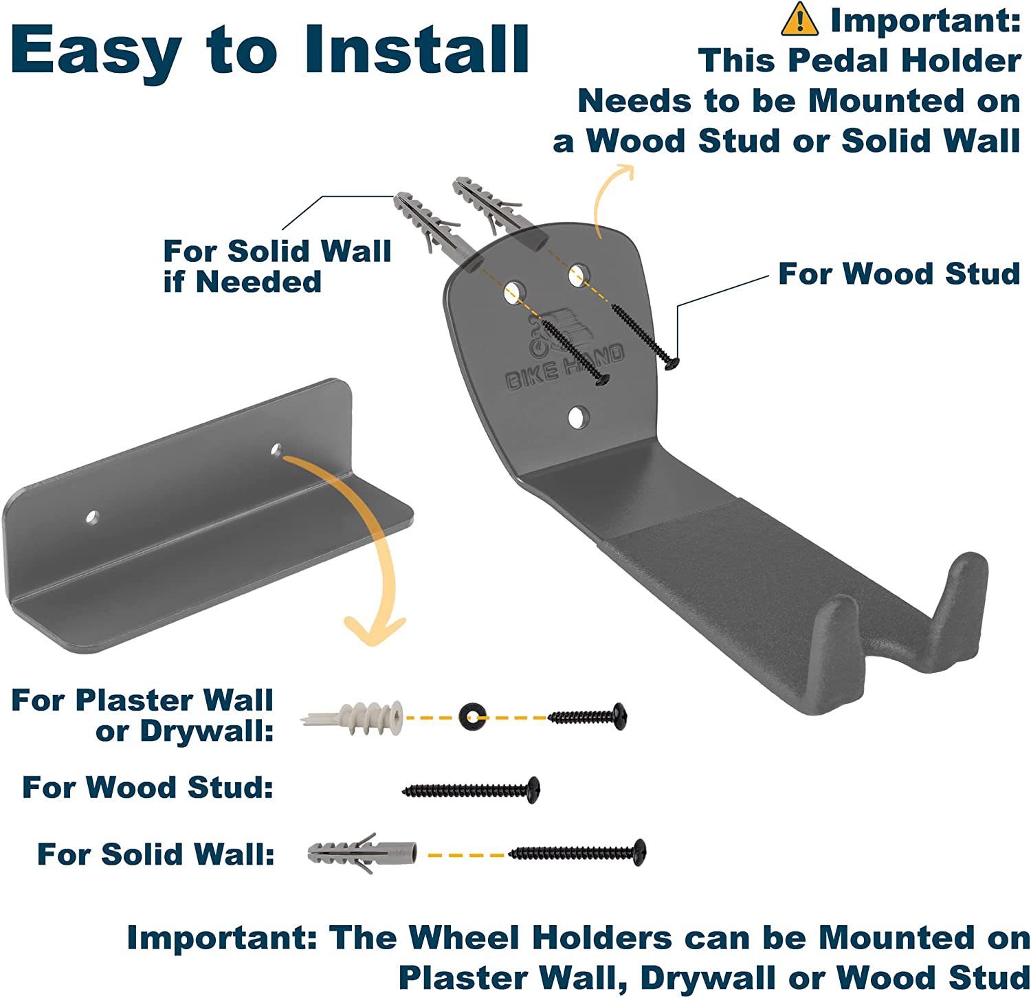 Bikehand Bike Bicycle Cycling Pedal Wall Mount Hangers - Heavy Duty Indoor Storage Stand Hook Rack - Store Your Road, Mountain or Hybrid Bikes in Garage or Home - 2 Pack image number 1