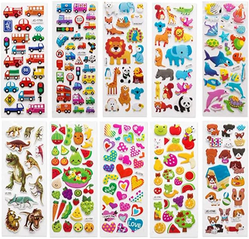 3D Puffy Stickers for Kids & Toddlers, 500+ Bulk Scrapbook Stickers, 20 Different Sheets, Cute Stickers Variety Pack for Teens Including Dinosaurs Animals Fishes Hearts Number Cars and More