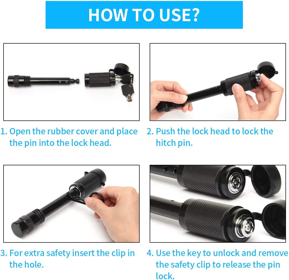 Coolrunner Trailer Hitch Lock Pin Set, 5/8" Extra Long Black Locking Hitch Pin, Heavy Duty Tow Hitch Receiver Lock with Anti-Rattle, Keys, Rubber Cap(5/8" Not Keyed Alike) image number 3