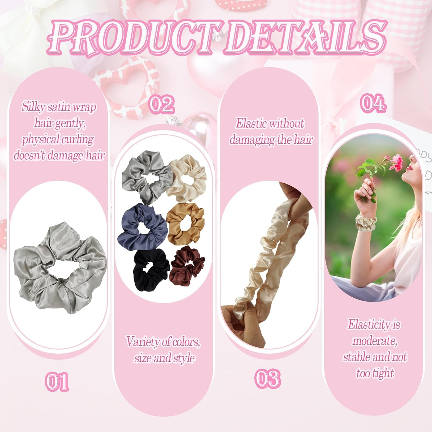 12 Pack Satin Scrunchies for Women - Soft Hair Ties, No-Damage Ponytail Holders with Elastic Band - Gentle Hair Accessories for Thick/Thin/Curly Hair (6 Colors, 2 Sizes per Set) image number 4