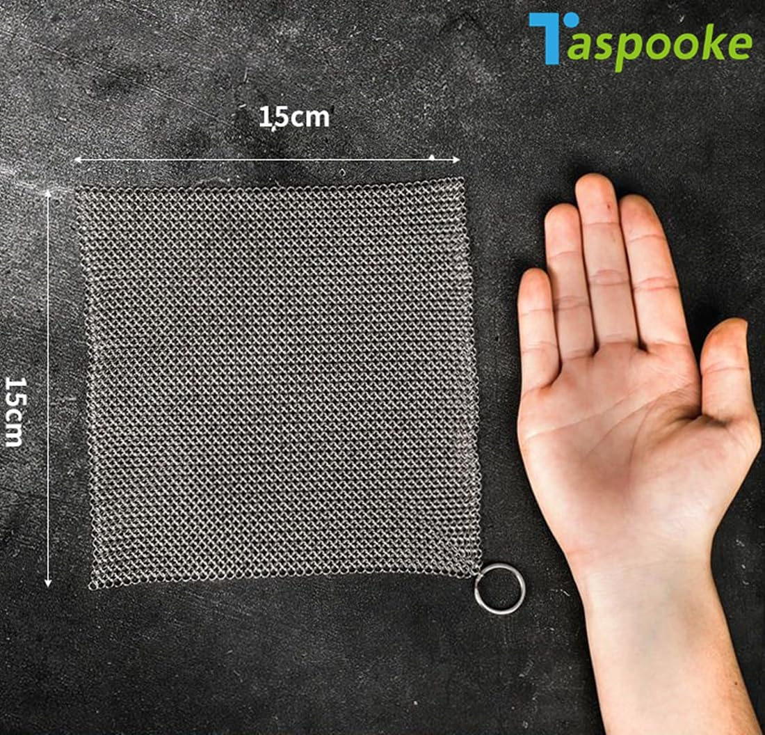 Cast Iron Scrubber, 316L Stainless Steel Fine Mesh Scraper, Upgraded 3.8Mm Chainmail Scrubber, for Pre-Seasoned Pot Dutch Oven Waffle Maker Cast Iron Skillet Pan Glass Container (6''X6'') image number 1