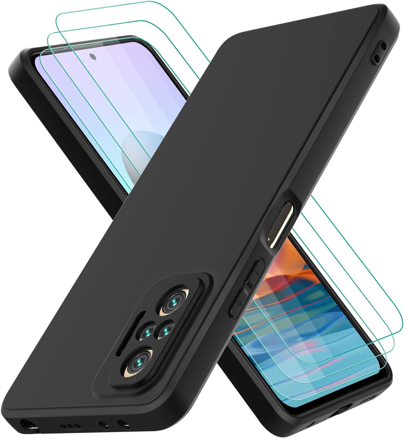 Oureidoo Case Compatible with Xiaomi Redmi Note 10 Pro, with 3 Pieces Tempered Glass Screen Protector, Mobile Phone Case for Xiaomi Redmi Note 10 Pro Silicone Rubberised Mobile Phone Case in Black image number 6