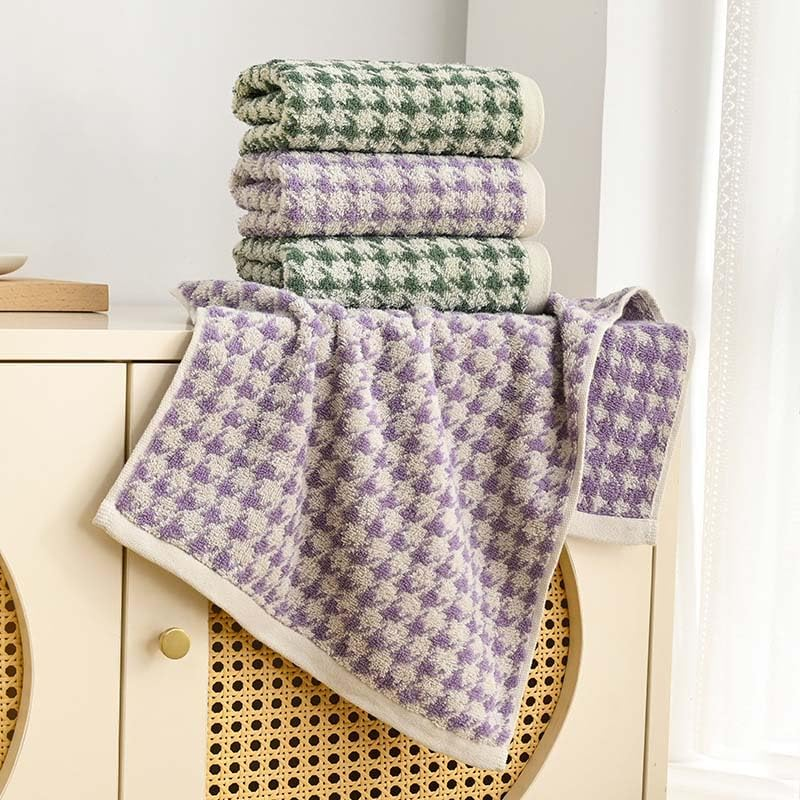 4Pcs Houndstooth Pattern Cotton Adult Bath Towels Soft Comfortable Absorbent Face Towels 34X75Cm Cute Design Washcloths Bathroom Hand Towels Retro Decor Kitchen Hand Towels image number 5