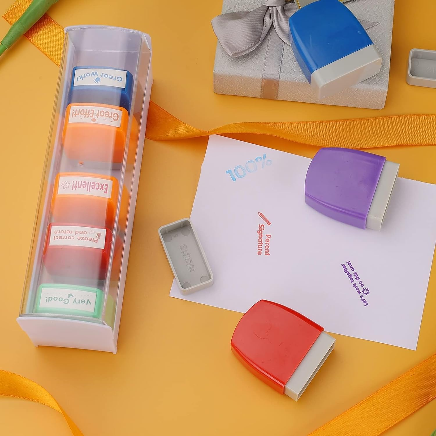 8Pcs Teacher Stamps for Classroom Teacher Supplies Self-Inking Grading Stamps Encouraging Comments for Parent Signature School Teachers Review Feedback Homework Reward Colorful Stamp with Tray image number 5