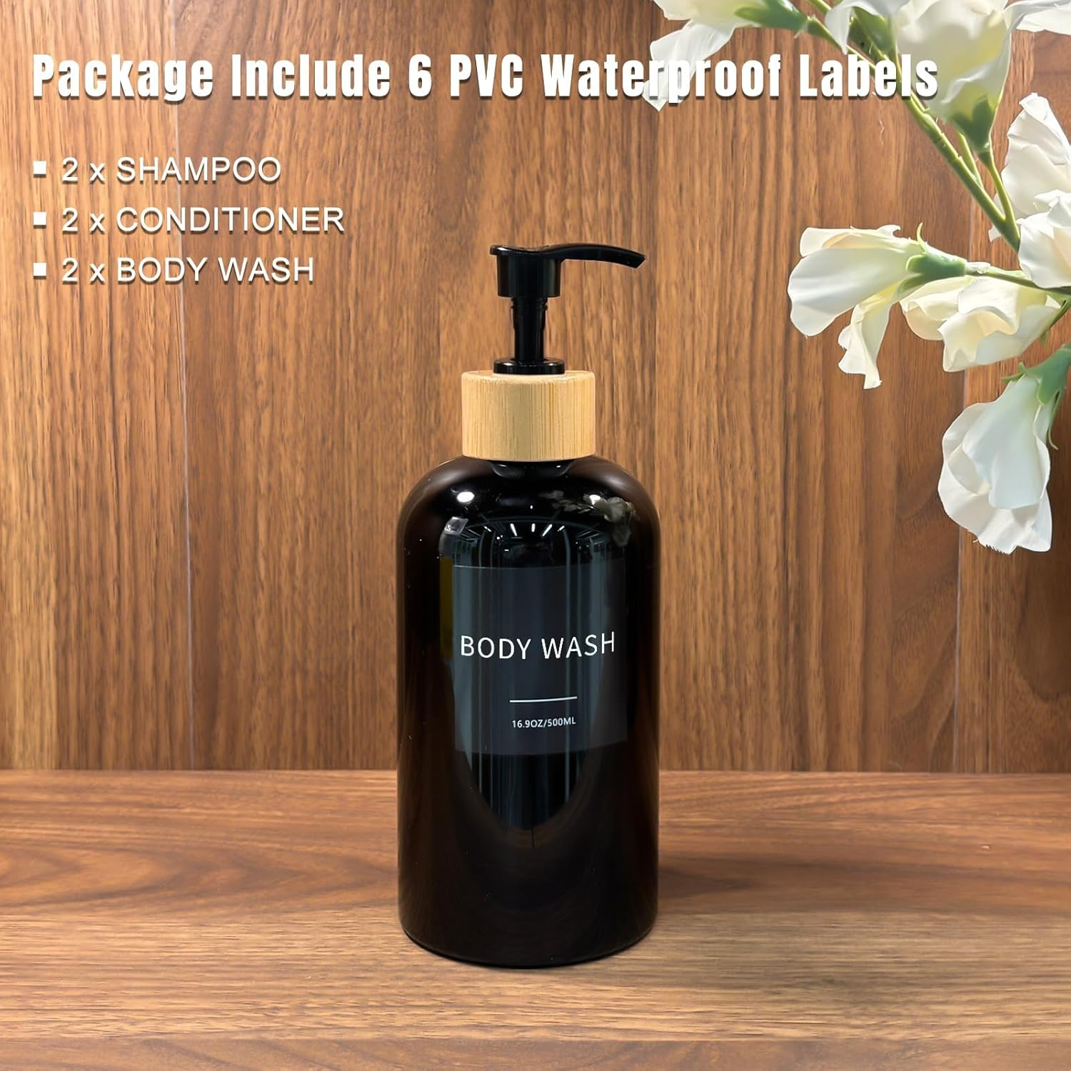 Shampoo and Conditioner Dispenser, Refillable Plastic Shampoo Pump Bottles with Waterproof Labels, Empty Body Wash Dispenser Set for Bathroom, Shower Soap Bottles (Black, Set of 3, 16.9Oz) image number 6