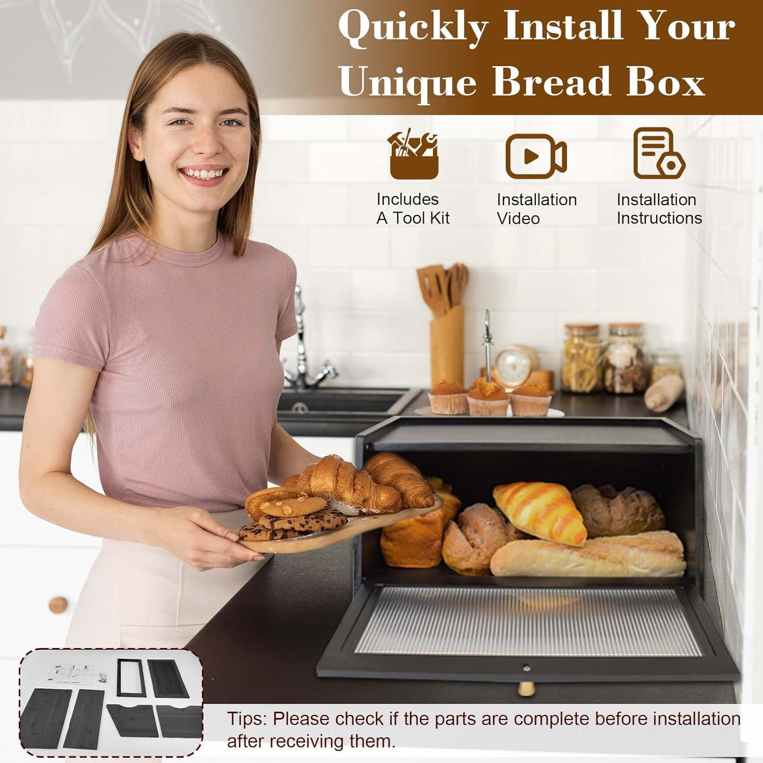 Black Bread Box for Kitchen Countertop, Bamboo Bread Storage Container with Acrylic Frosted Window, Large Farmhouse Breadbox for Homemade Bread Fruits & Spices image number 6