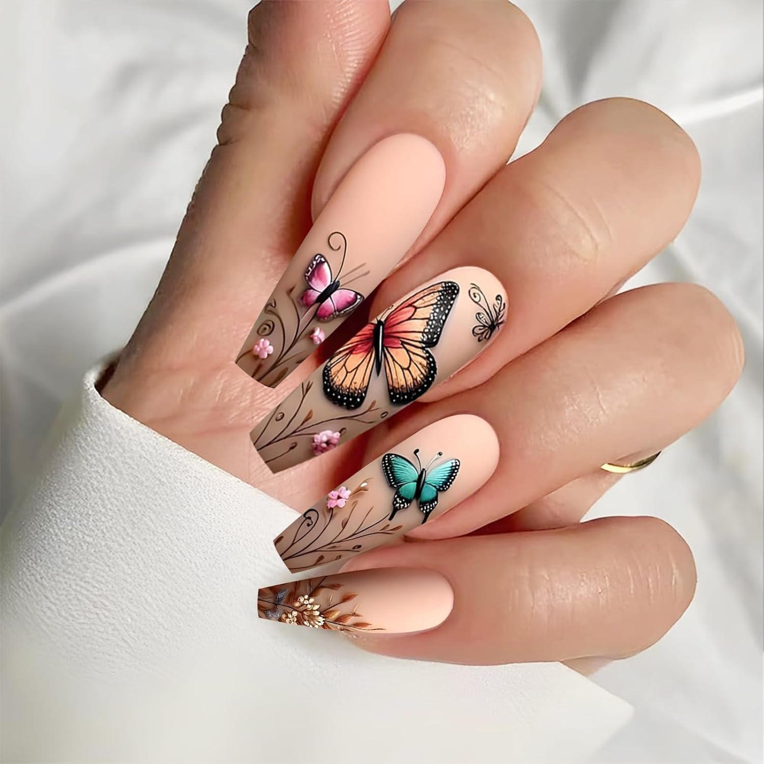 TELAIN Spring Butterfly Flower Press-On Nails Extra Long Ballerina False Nails Matte Square Acrylic Full Cover Plastic Glue Nails for Women Girls DIY Nail Design image number 2