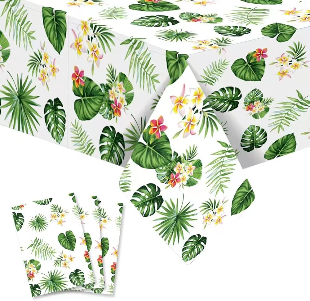 3 Pack Tropical Palm Leaves Table Cloth, Hawaiian Tablecloths for Party Decoration, Hawaii Disposable Plastic Rectangular Table Covers, Summer Beach Kids Birthday Cocktail Party Supplies image number 2