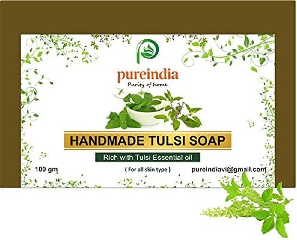 PUREINDIA Handmade TULSI anti Ageing Soap, Pack of 3(100Gm) for Brighten Complexion, Oil Control, Acne and Blackheads. image number 3