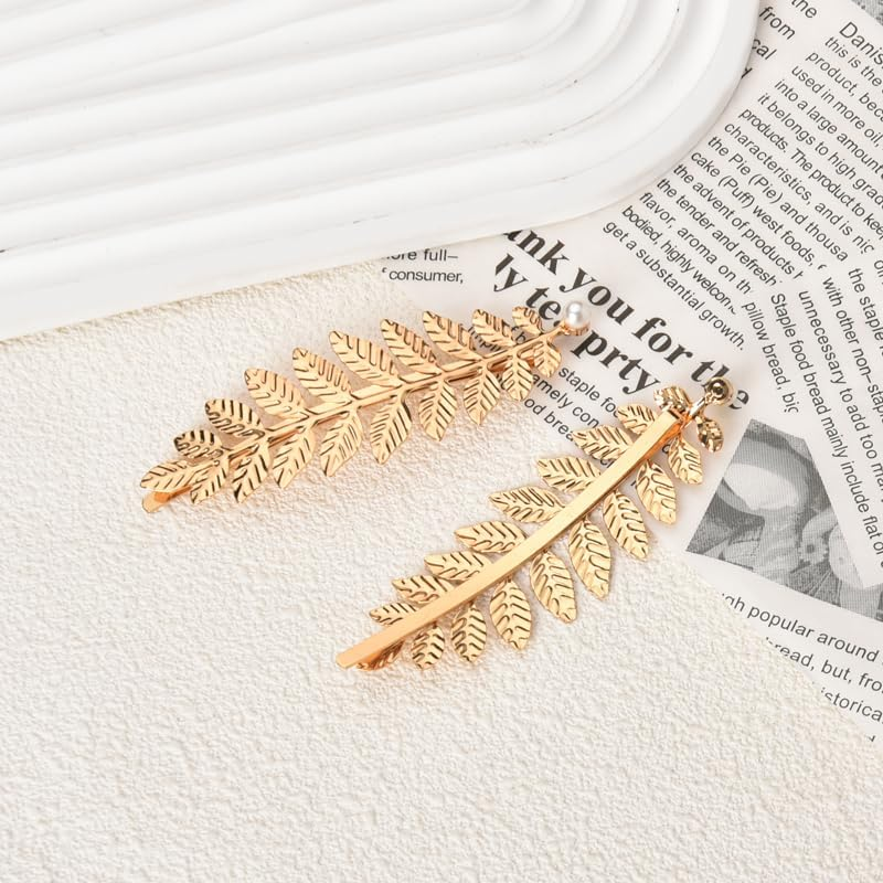 Guqqeuc Leaf Hair Clips Greek Goddess Hair Barrettes for Women Girls Leaves Bobby Pins for Wedding Bridal Hair Clip Prom Tiaras Pearl Leaf Headpiece for Bride Bridesmaid 2Pcs image number 2