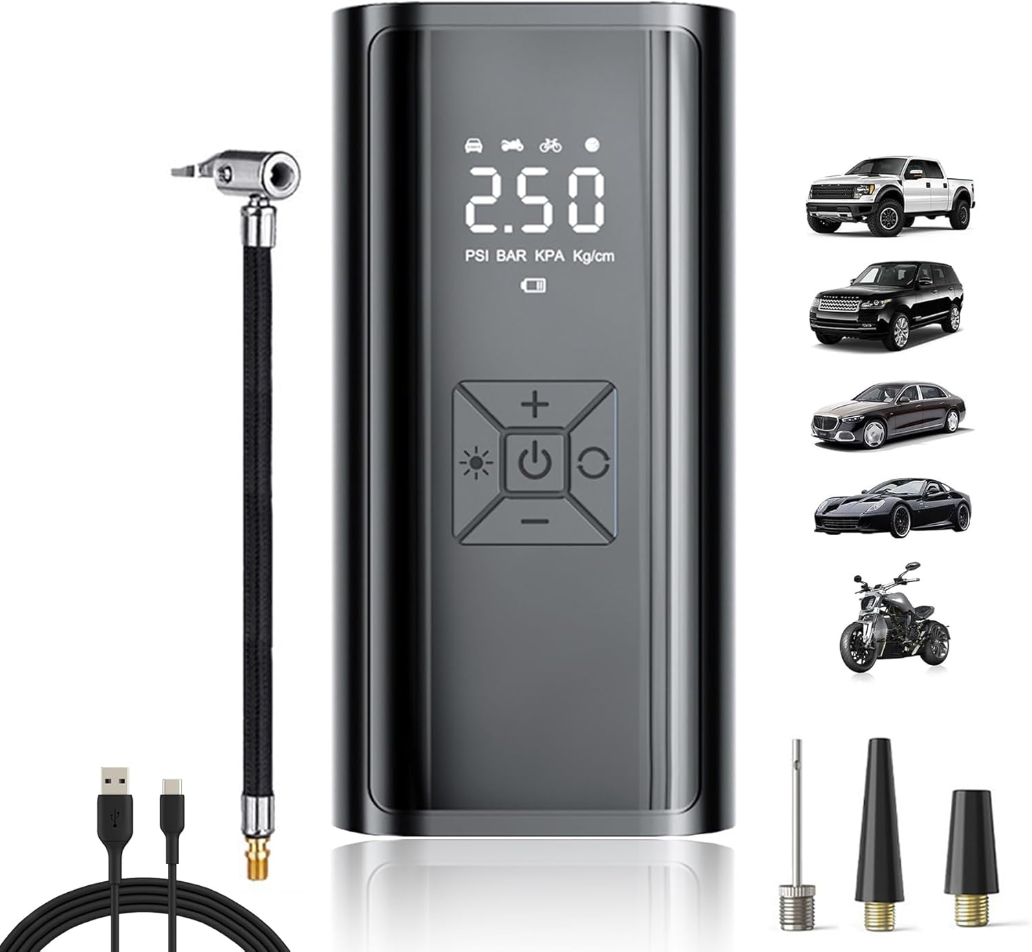 IGGDOQI Electric Ball Pump, Portable Air Pump with Pressure Gauge, Digital LCD Display, 4 Preset Modes, Needle Hose Storage, LED Light, Rechargeable, for Car Tires, Basketball, Soccer, Sports Balls image number 3