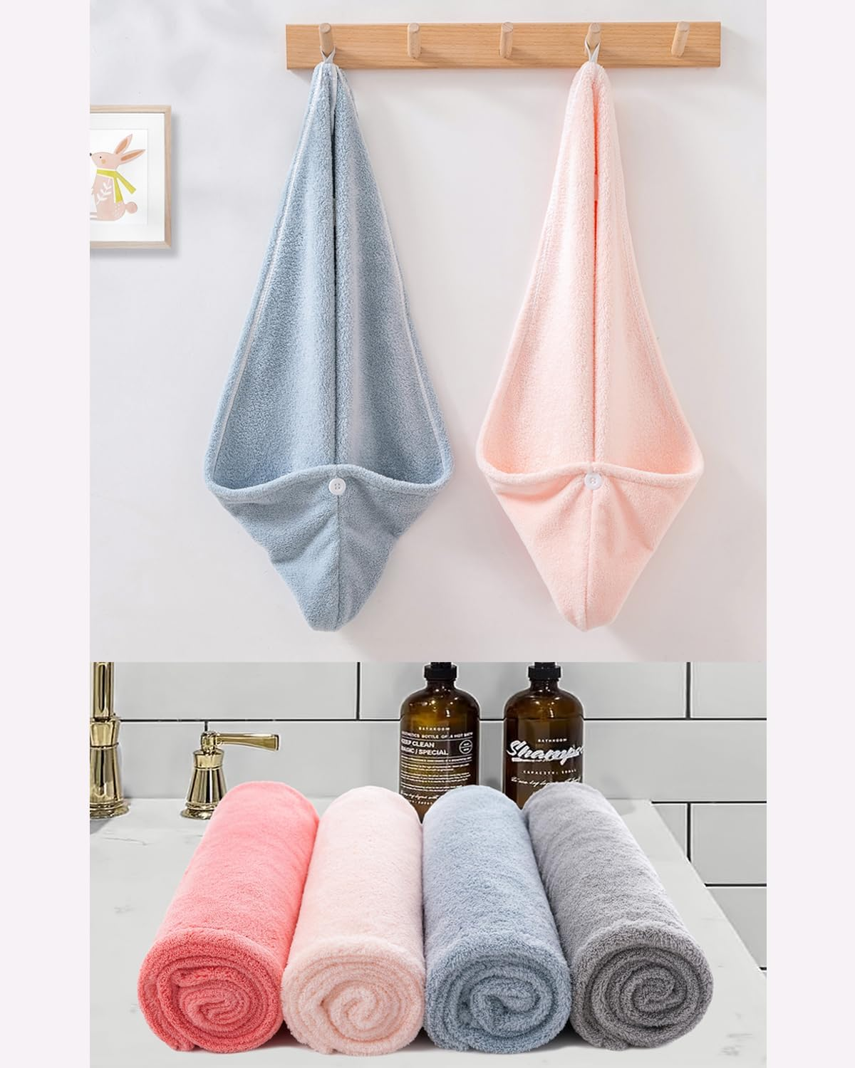 Lumimi 6 Piece Hair Drying Towel Turban Set Beautifully Absorbent Comfortable Soft Light Short Long Hair Wash Light Blue Light Pink White image number 1