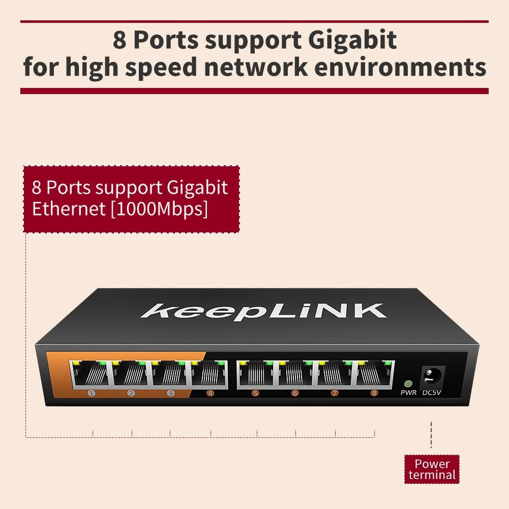 8 Port Gigabit Ethernet Network Switch Unmanaged, Ethernet Splitter, Desktop, Sturdy Metal Fanless Housing Plug & Play with 2 Pcs 1 M CAT6 Network Cables image number 2