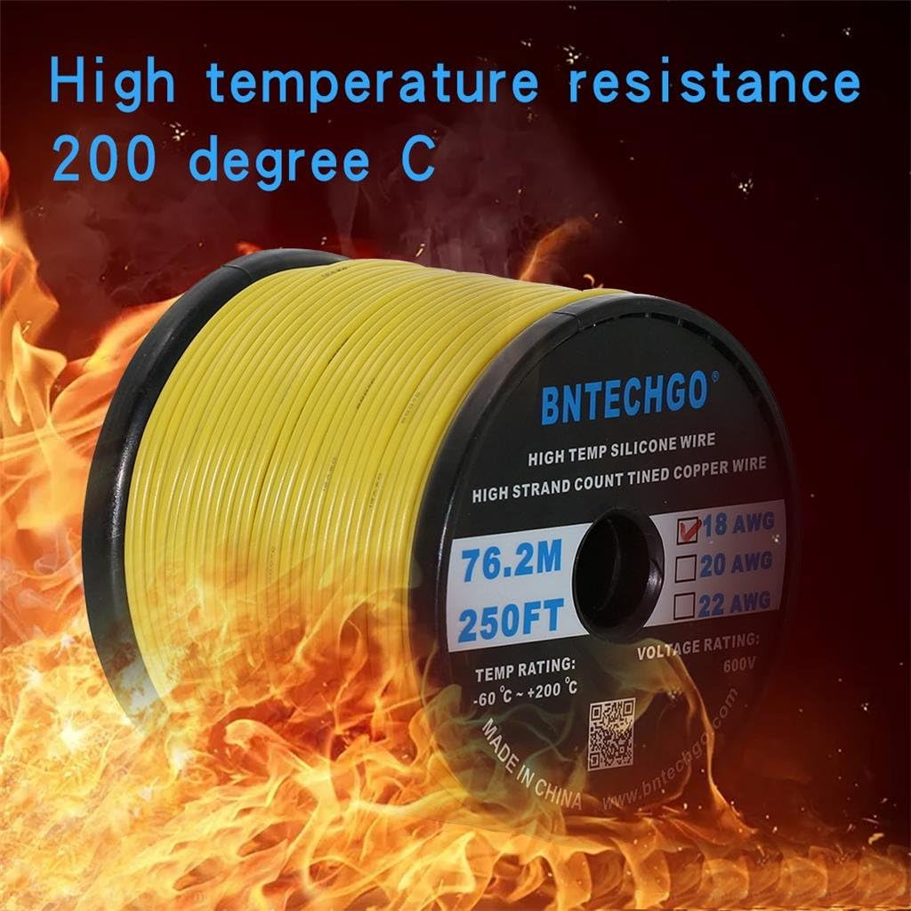 BNTECHGO 18 Gauge Silicone Wire Spool Yellow 250 Feet Ultra Flexible High Temp 200 Deg C 600V 18AWG Silicone Rubber Wire 150 Strands of Tinned Copper Wire Stranded Wire for Model Low Impedance image number 6