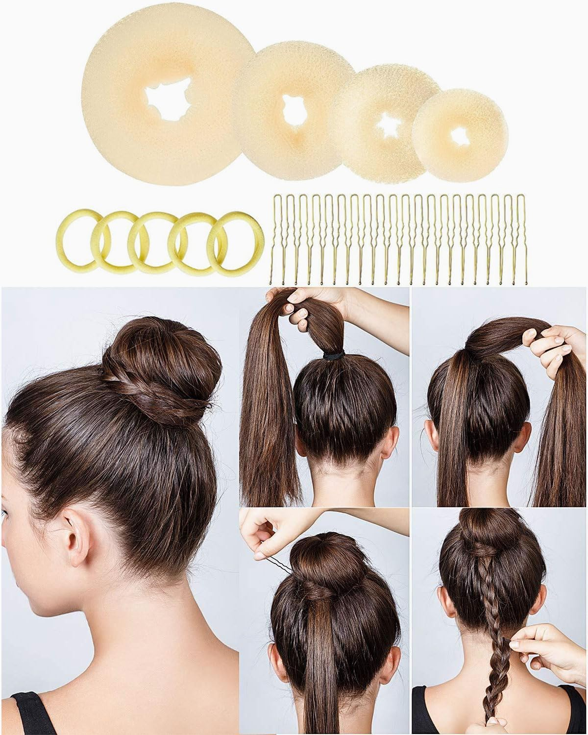 KGDUYC 32-Piece Doughnut Styling Hairdressing Tools Set, Hair Styling Aids Set, Doughnut Hair Bun Weaving Aids Bun Pillow for Children, Girls, Women image number 2
