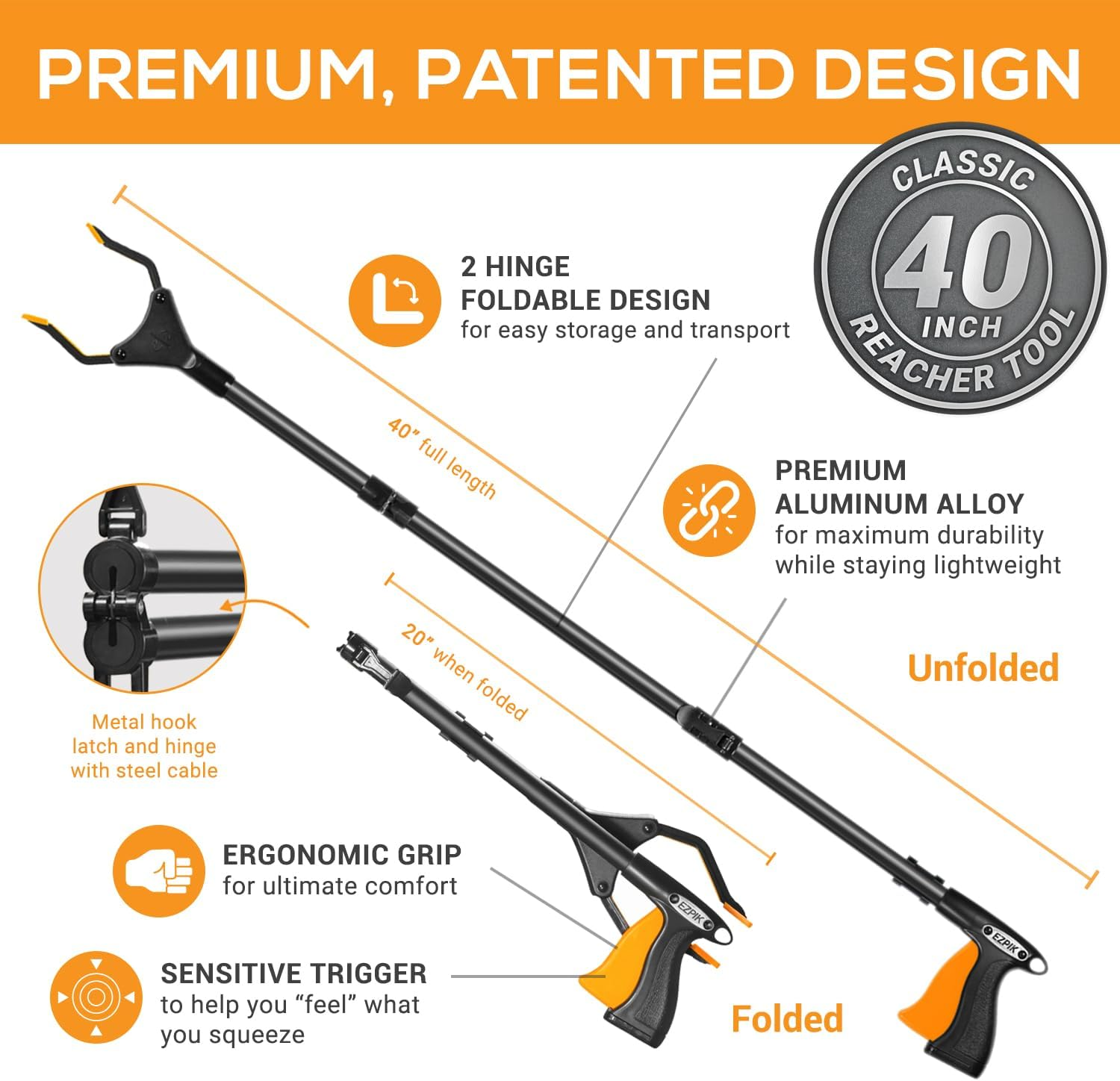 EZPIK Classic 100 Cm Flexible Folding Grabber Tool for Elderly + Magnets, Reacher for Disabled & Seniors Heavy Duty Rotating Grippers for Reaching Underneath, Trash Grabbers & Pickers for Mobility image number 1