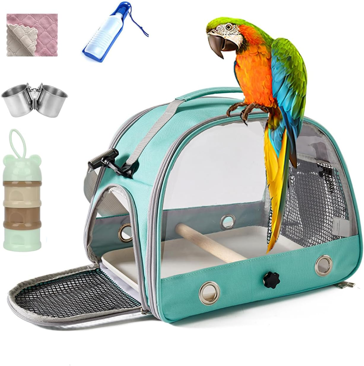 Bird Carrier Travel Cage with Stand (With Tray), Small Bird Travel Carrier for Parrot with Perch, Small Pet Cage for Transport - Parakeet Holder Bag with Strap, Side Access Window (Blue)