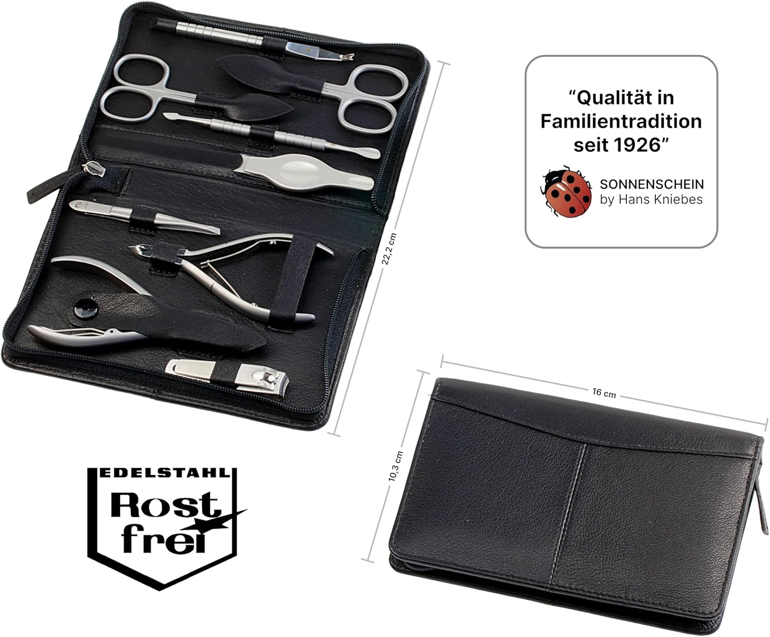 Sonnenschein by Hans Kniebes Manicure Set 9 Pieces Nail Scissors, Cuticle Scissors, Nail Clippers, Cuticle Nippers, Clippers, Tweezers, File, Manicure Case Nappa Sheepskin Black image number 2