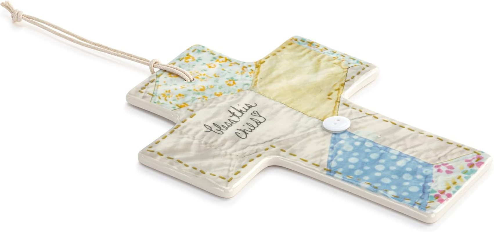 DEMDACO Tender Blessings Collection Bless This Child Stoneware Quilted Patchwork Wall Cross 5 X 6.5 Inch Fabric Religious D&eacute;cor Nursery, Baby Room, Kids Room - Baptism, Christening, Baby Shower Gift image number 3