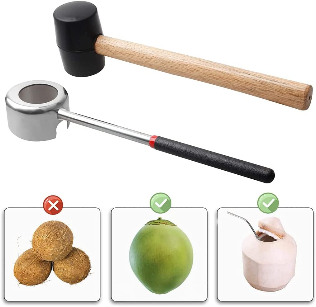 7-In-1 Coconut Opener Tool Set for Young Mature Coconuts, Coco Nut Meat Removal Tool with Rubber Mallet Meat Removal, Scraper, Straw, Food Grade 304 Stainless Steel