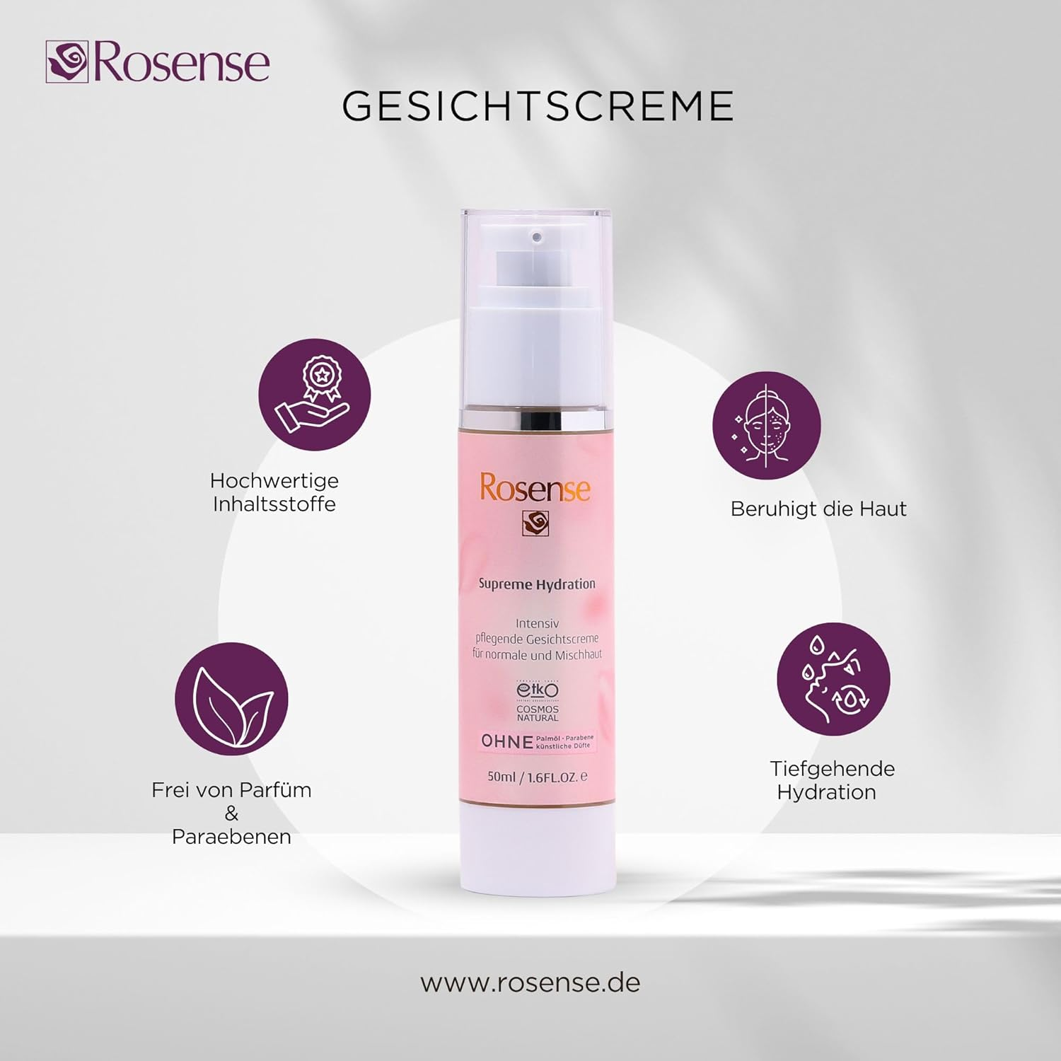 Rosense Supreme Hydration, Intensive Nourishing Face Cream for Normal and Combination Skins | Moisturizing, from Hyaluronic Acid, Natural Extracts, Vegan - 50Ml image number 1