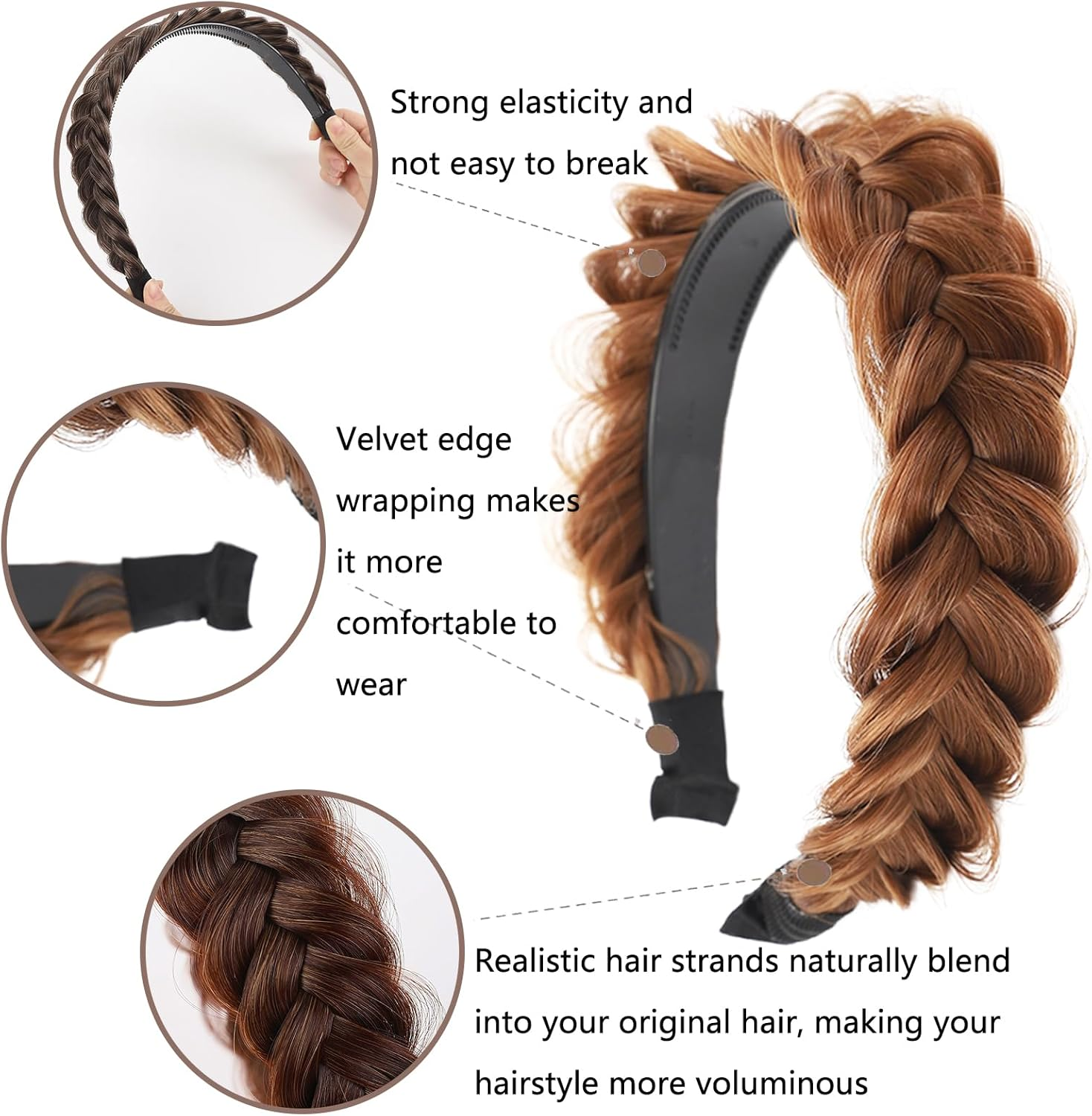 Ueiykoz Braided Headband 4 Strands Synthetic Hair Headband with Teeth,Elastic Plaited Headband Fishtail Braided Hair Band for Women image number 6