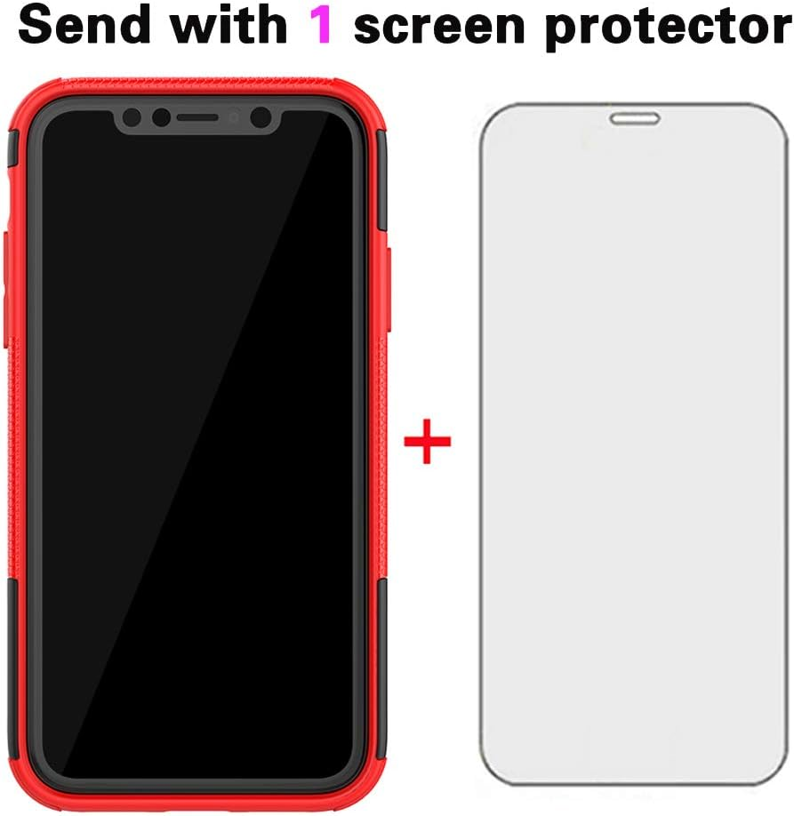 Phone Case for Apple Iphone 11 6.1 with Tempered Glass Screen Protector Cover and Stand Kickstand Hard Rugged Hybrid Heavy Duty Cell Accessories Iphone11Case Iphone11 I Phone11 XI 11R Cases Red image number 1